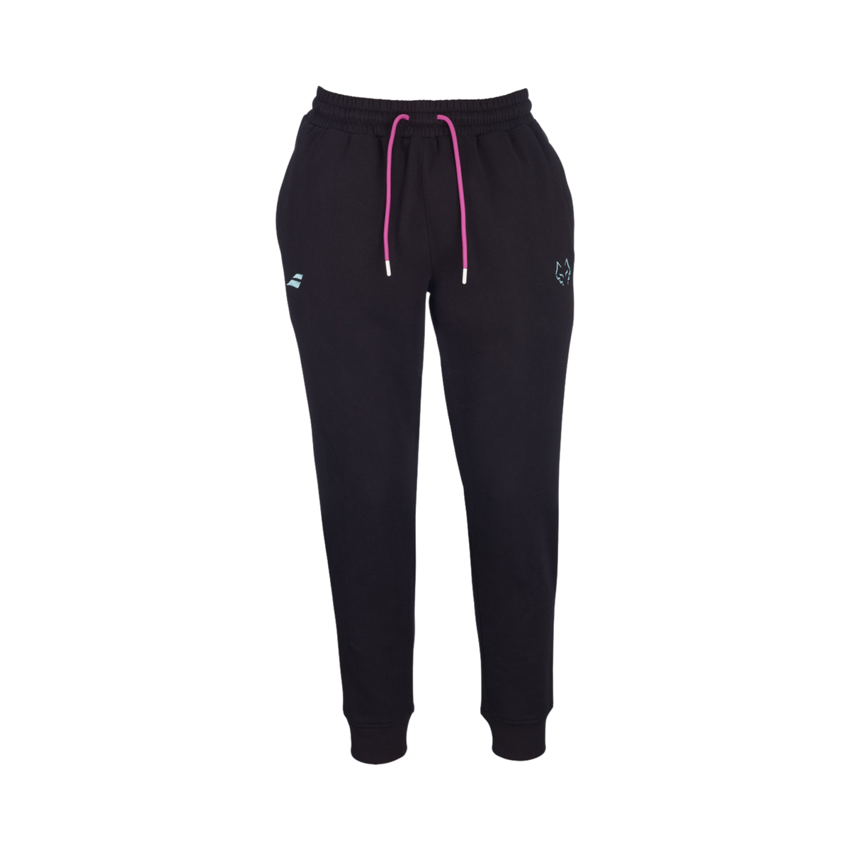 Babolat Juan Lebrón Sweatpants Black 2027 shown from the front, with black tapered legs, pink drawcords, light blue Babolat branding and Juan Lebrón wolf logo.