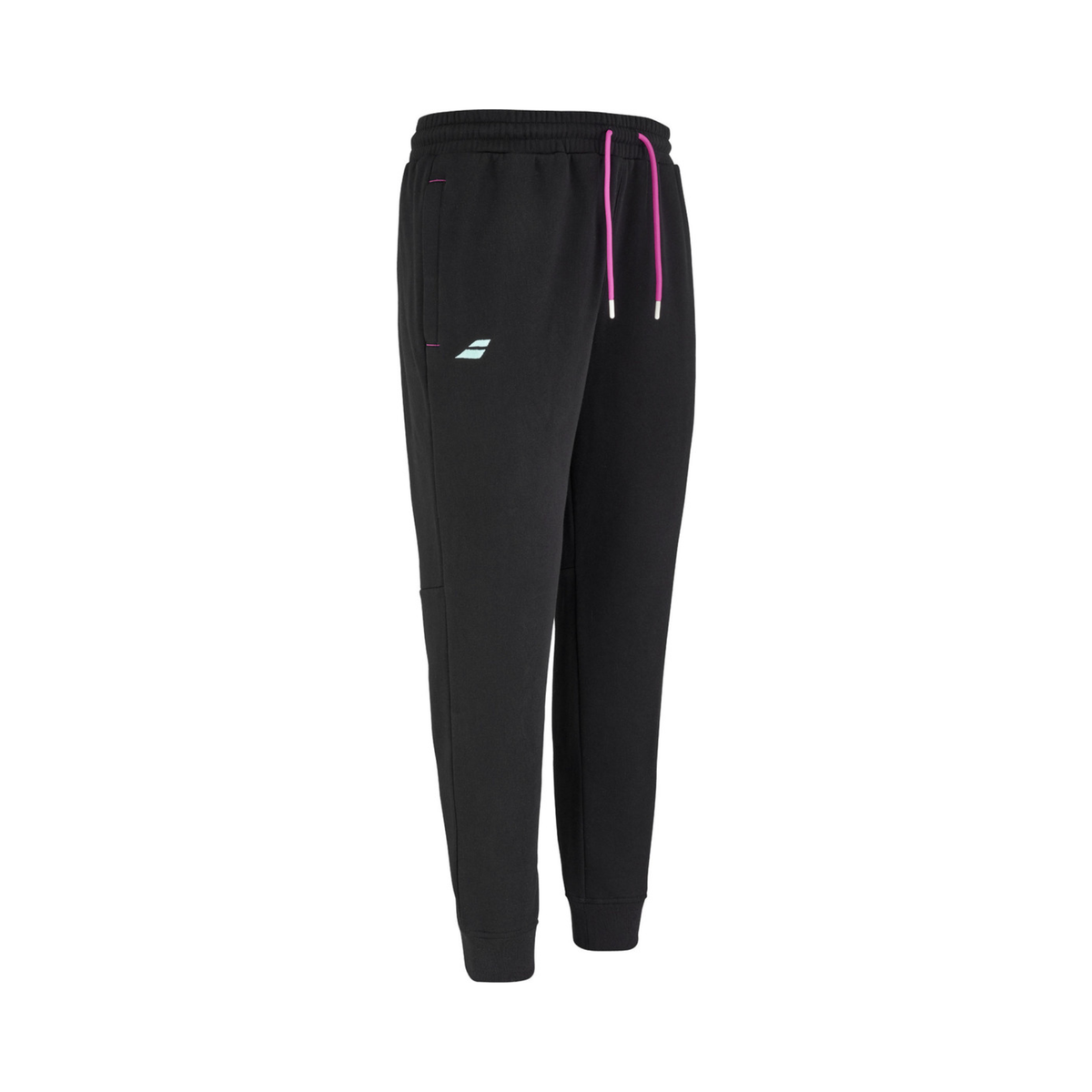 Three-quarter view of the Babolat Juan Lebrón Sweatpants Black 2027, highlighting the pink drawcords, black fabric and tapered sportswear fit.