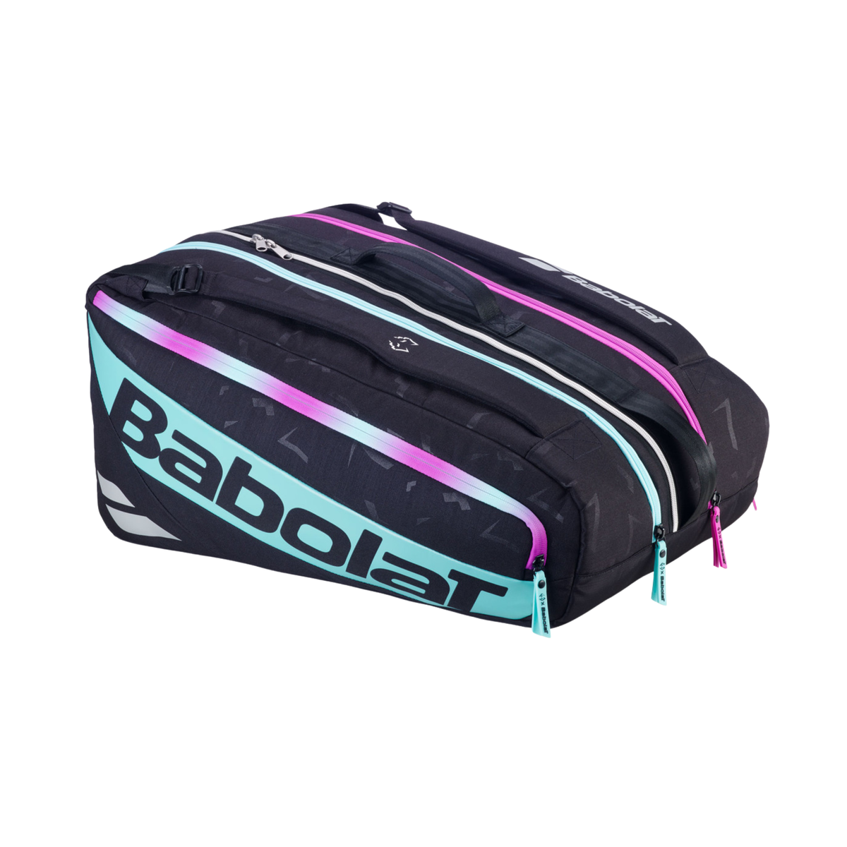 Angled front view of the Babolat Pro Juan Lebrón Racketbag 2027, showing the black bag, turquoise and pink accent details, large Babolat side branding, multiple zip compartments and top carry handles.