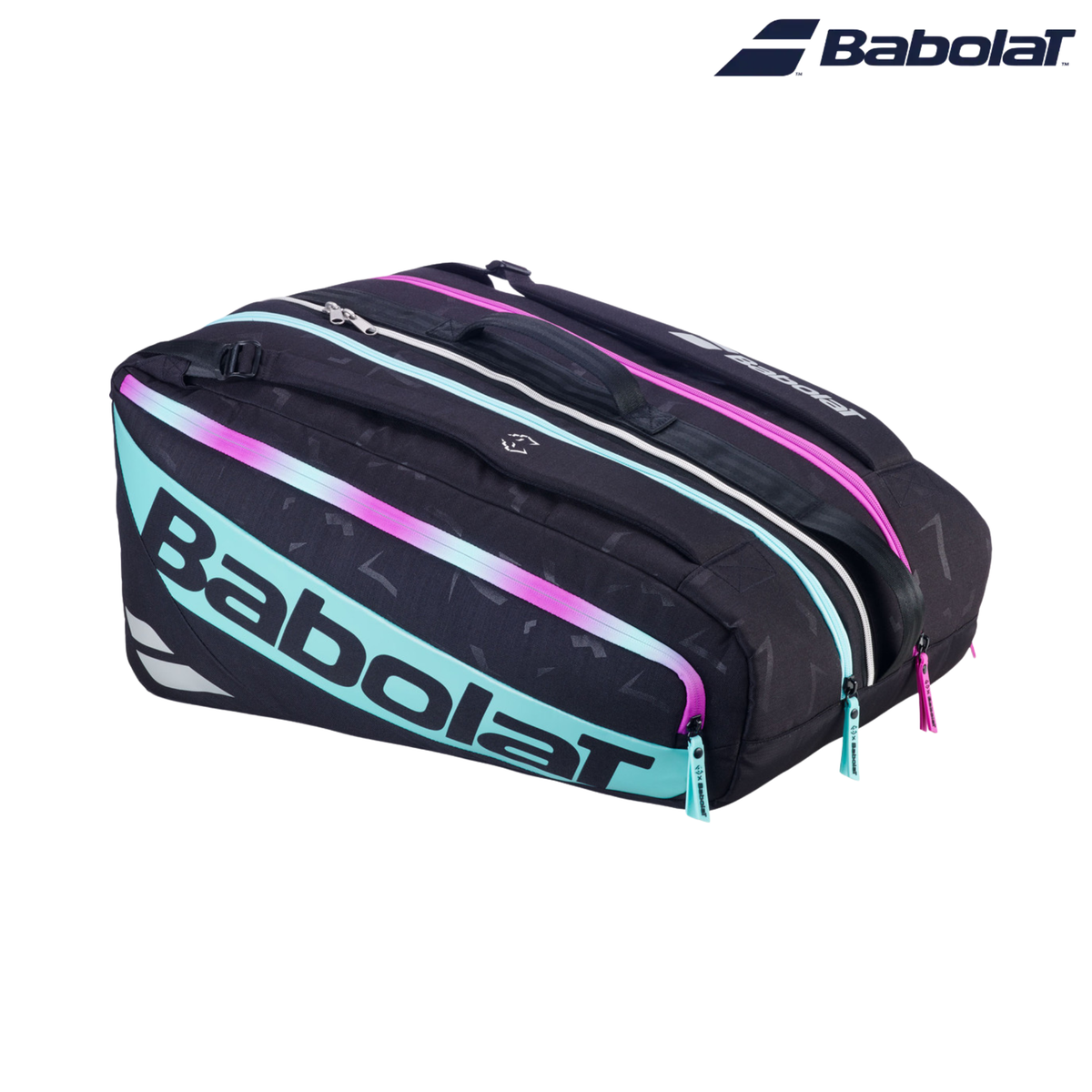 Babolat Pro Juan Lebrón Racketbag 2027 shown at an angle on a light background, featuring a black design with turquoise and pink accents, large Babolat branding on the side, multiple zip compartments and top handles, with the Babolat logo in the top right corner.