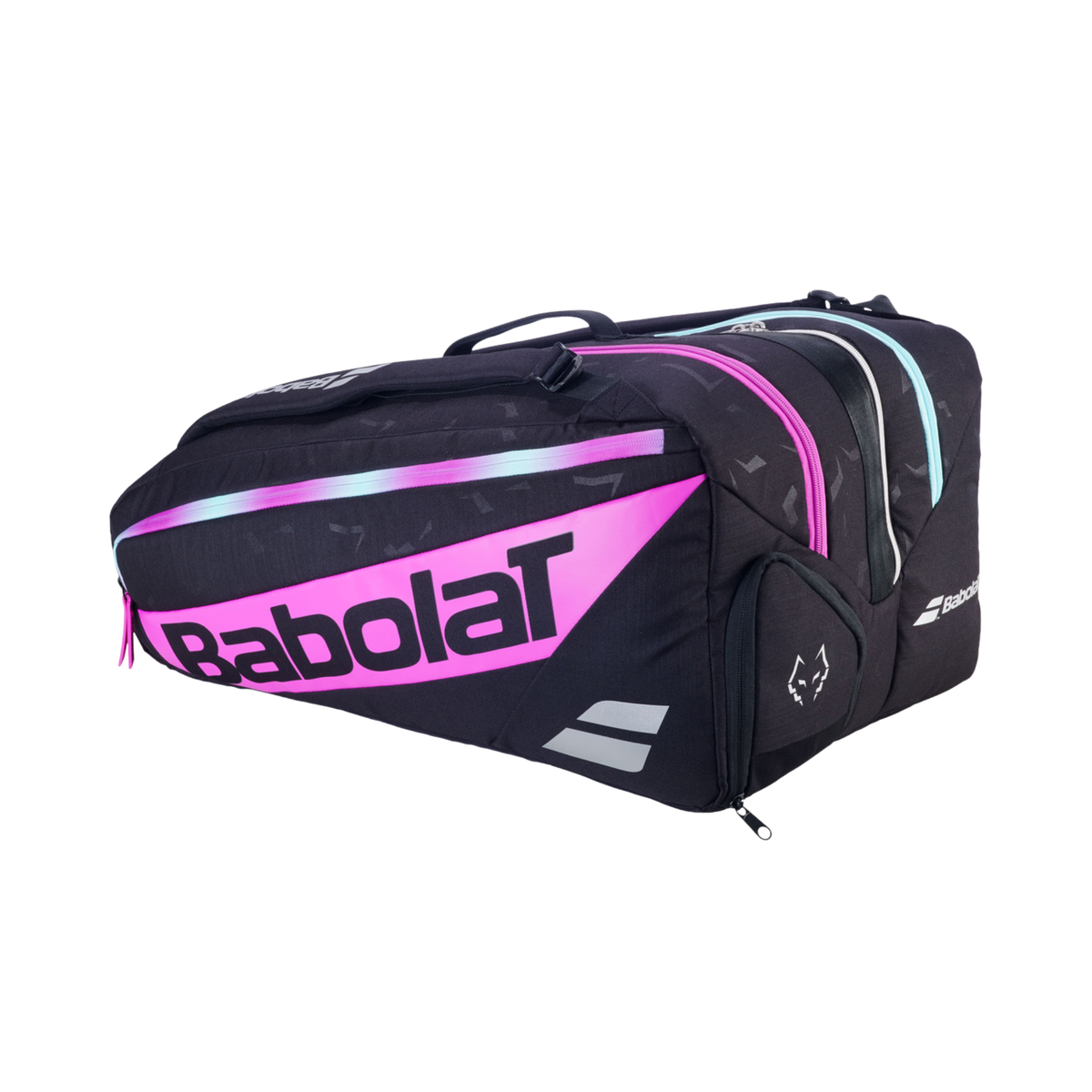 Side view of the Babolat Pro Juan Lebrón Racketbag 2027, showing the black shape of the bag, pink side panel, Babolat branding and the spacious compartment design.