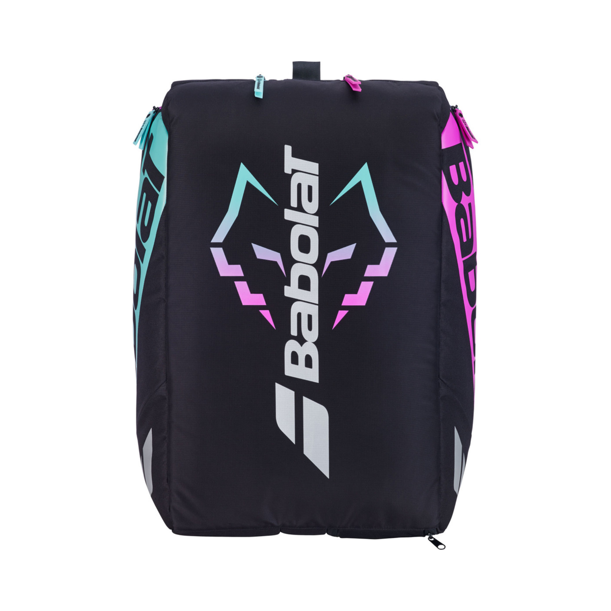 Upright view of the Babolat Pro Juan Lebrón Racketbag 2027, showing the bag standing vertically with bold Babolat branding, Juan Lebrón wolf graphic and black, turquoise and pink color details.