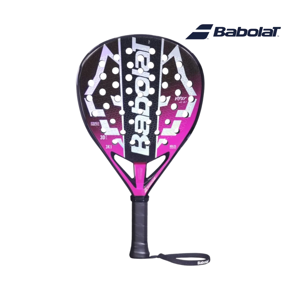 Babolat Viper Juan Lebron 3.1 padel racket shown from the front on a light background, featuring a black and light blue frame, silver details, a black handle and wrist strap, with the brand logo in the top right corner.