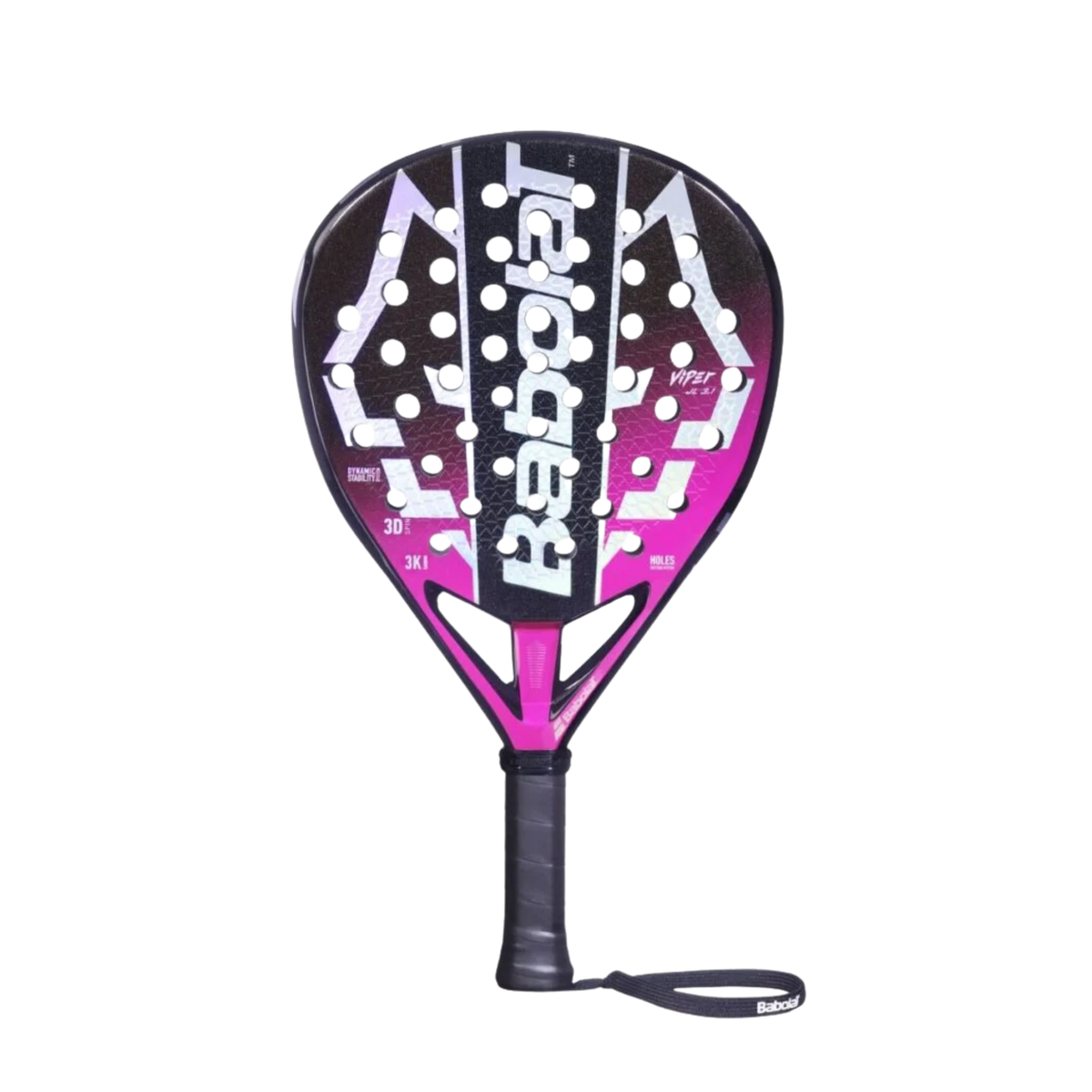 Front view of the Babolat Viper Juan Lebron 3.1 padel racket on a light background, showing the black and light blue frame, silver graphic details, black handle and black wrist strap.