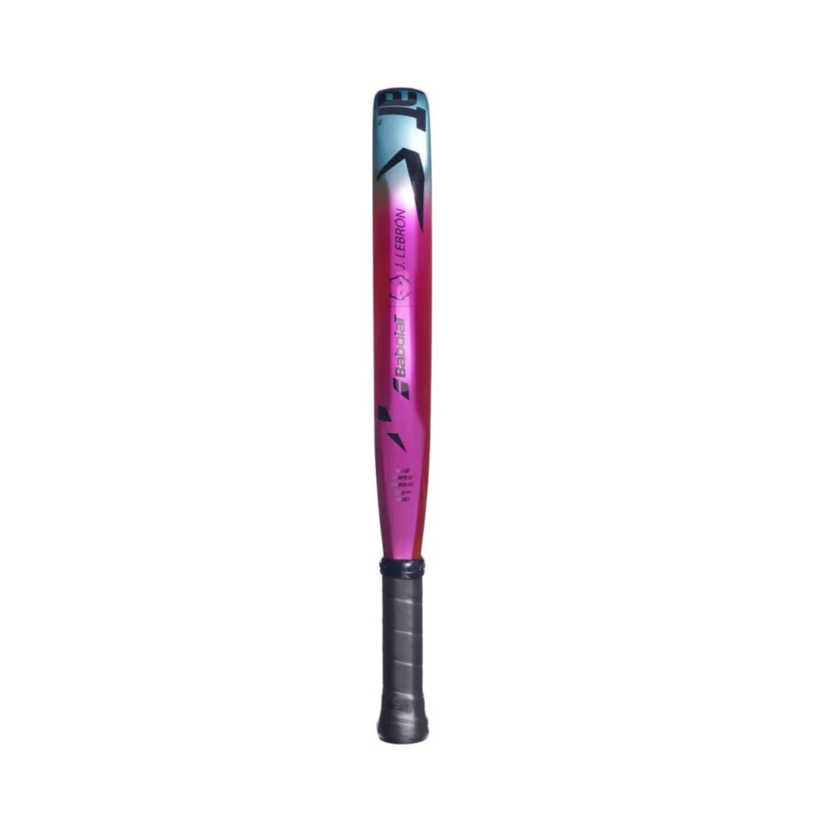 Side view of the Babolat Viper Soft Juan Lebron 3.1 padel racket, highlighting the thickness of the frame, the turquoise-to-pink side finish, Juan Lebron branding and black grip.