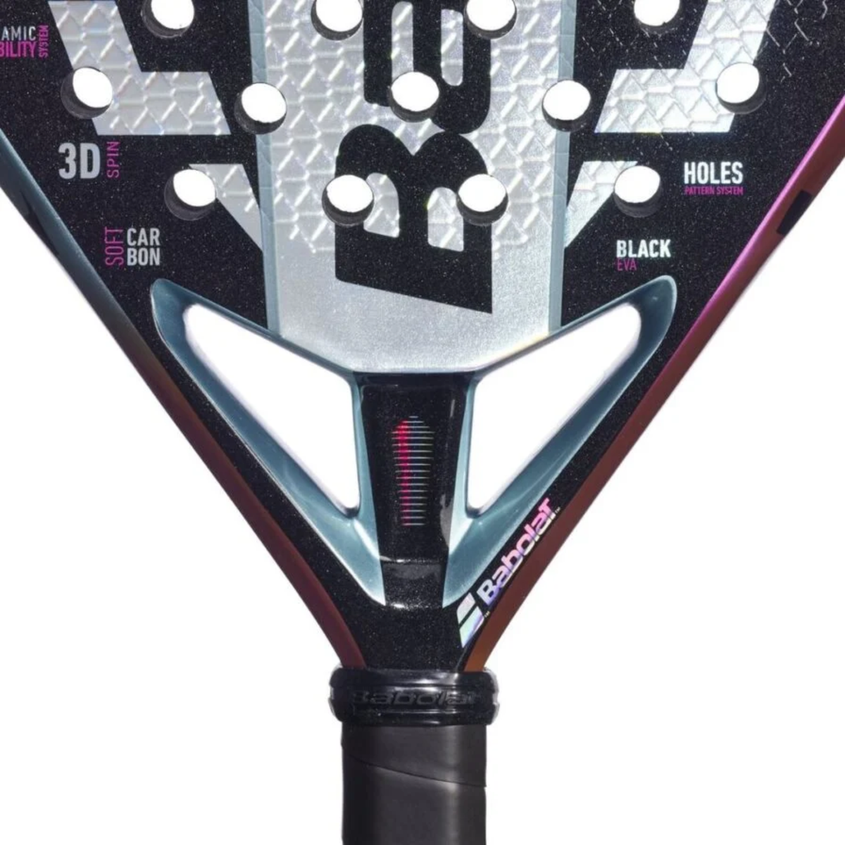 Close-up of the throat area of the Babolat Viper Soft Juan Lebron 3.1 padel racket, showing the light blue bridge section, black frame, pink detail, Babolat branding and lower part of the racket face.