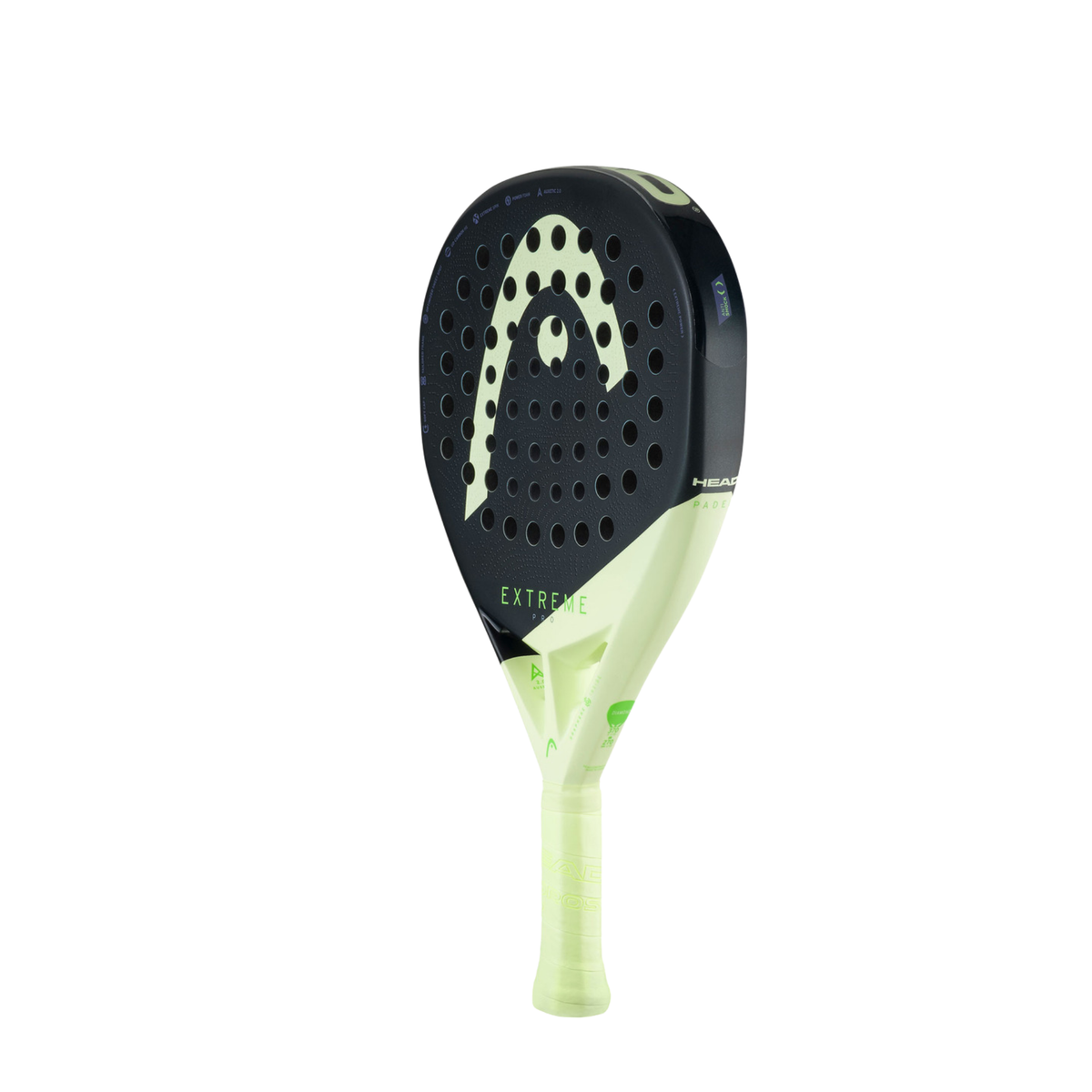 Angled view of the HEAD Extreme Pro 2026 padel racket showing the black face, light green HEAD graphic, thick black frame, lime green throat and matching handle.