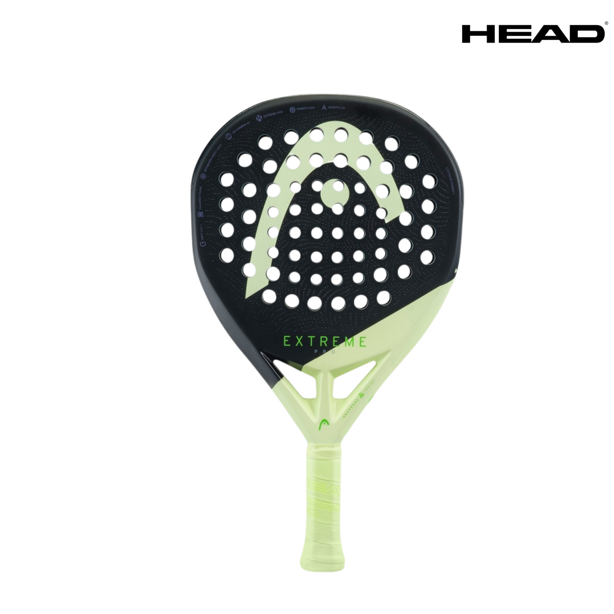 HEAD Extreme Pro 2026 padel racket shown from the front with a black perforated face, large light green HEAD logo, lime green lower frame and grip, with the HEAD logo in the top right corner.