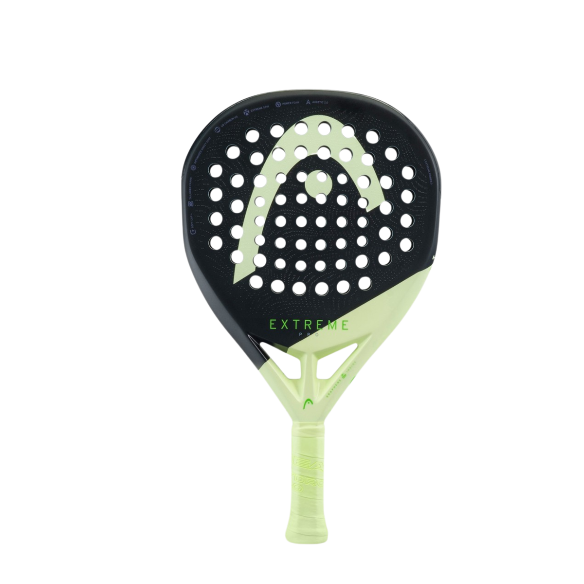 Front view of the HEAD Extreme Pro 2026 padel racket with a black perforated face, large light green HEAD logo, lime green throat and matching grip.