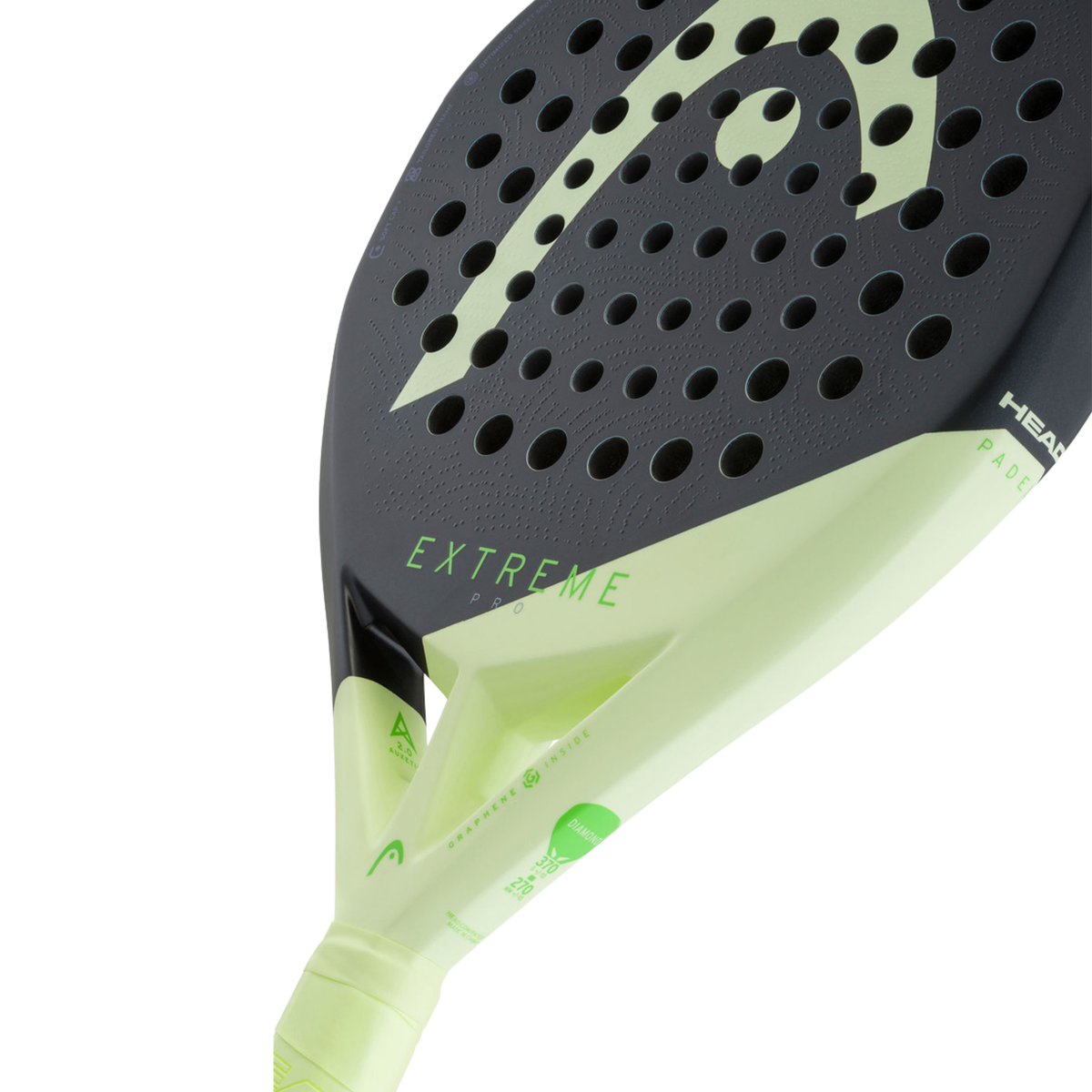 Close-up of the HEAD Extreme Pro 2026 showing the lower black racket face, Extreme Pro branding, lime green throat, frame details and light green grip.