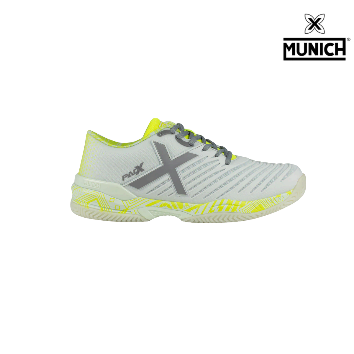 Munich Padx 68 light grey padel shoe shown from the side, featuring grey laces, a large grey X logo, fluor yellow inner lining and heel details, a patterned fluor yellow midsole and a light outsole, with the Munich logo in the top right corner.