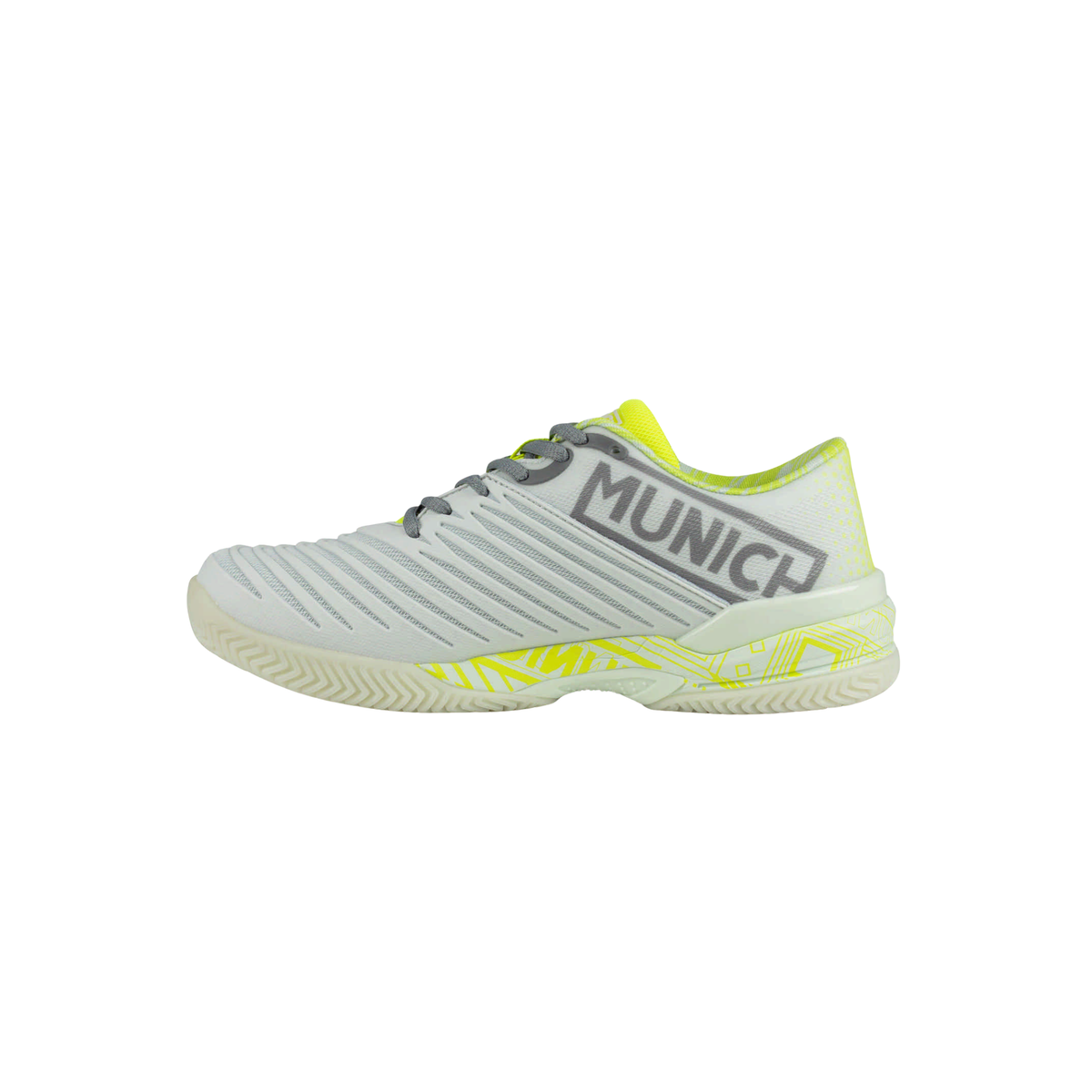 Opposite side view of the Munich Padx 68 light grey padel shoe, showing the large Munich side branding, grey laces, fluor yellow lining, patterned fluor yellow midsole and light outsole.