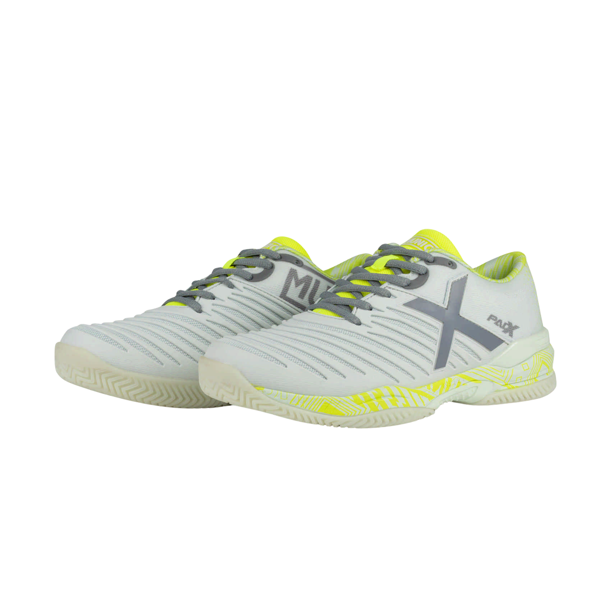 Pair of Munich Padx 68 light grey padel shoes shown from an angled view, featuring grey laces, grey side logos, fluor yellow lining, patterned fluor yellow midsoles and light outsoles.