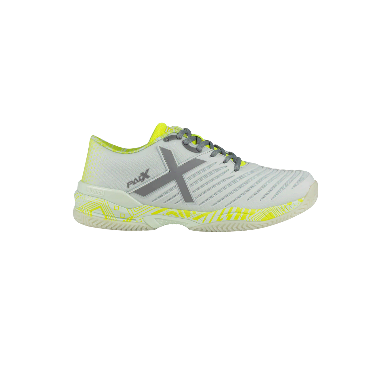 Side view of the Munich Padx 68 light grey padel shoe with grey laces, a large grey X logo, fluor yellow lining, patterned fluor yellow midsole details and a light outsole.