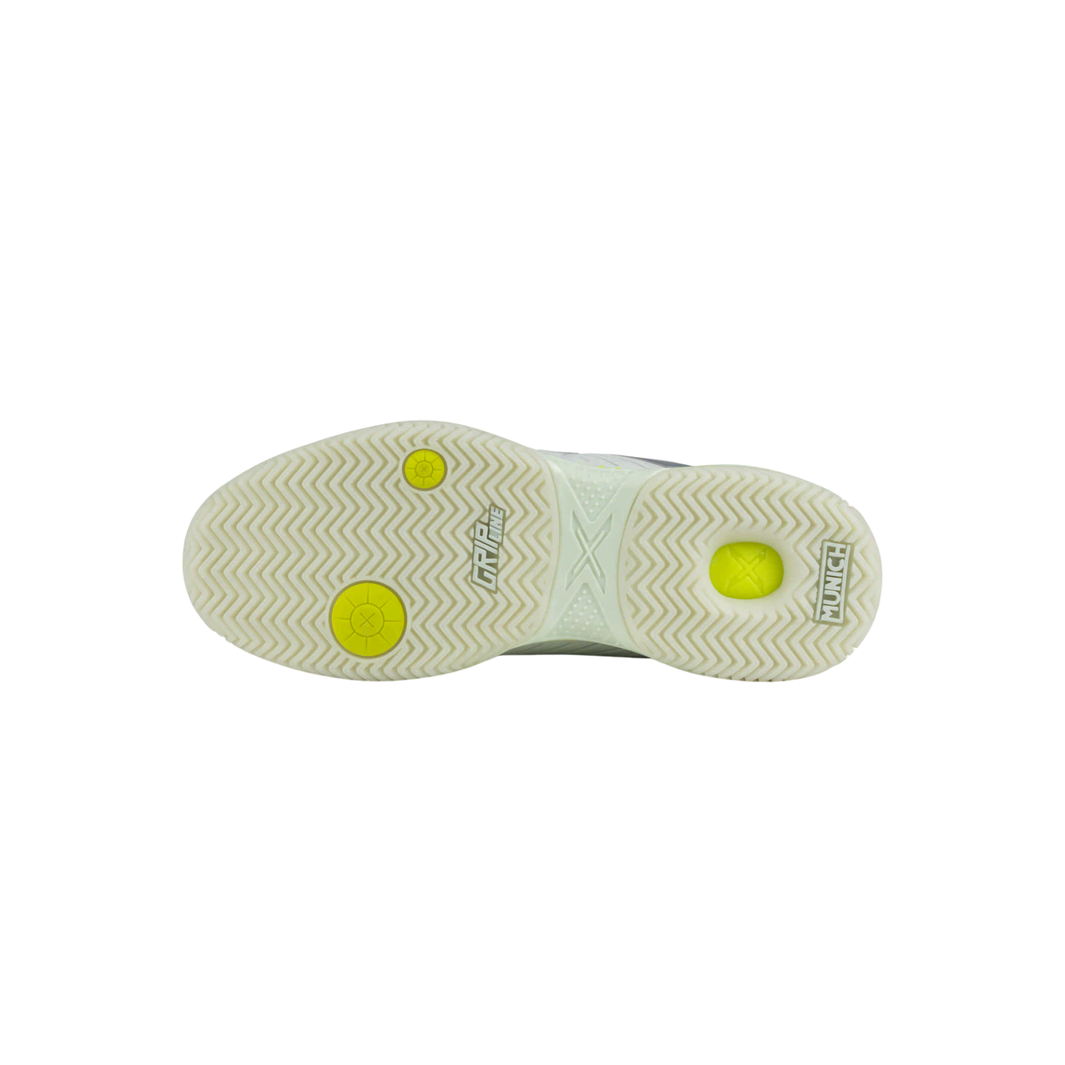Bottom view of the Munich Padx 68 padel shoe, showing the light outsole with a herringbone tread pattern, Grip Line branding and fluor yellow circular details.