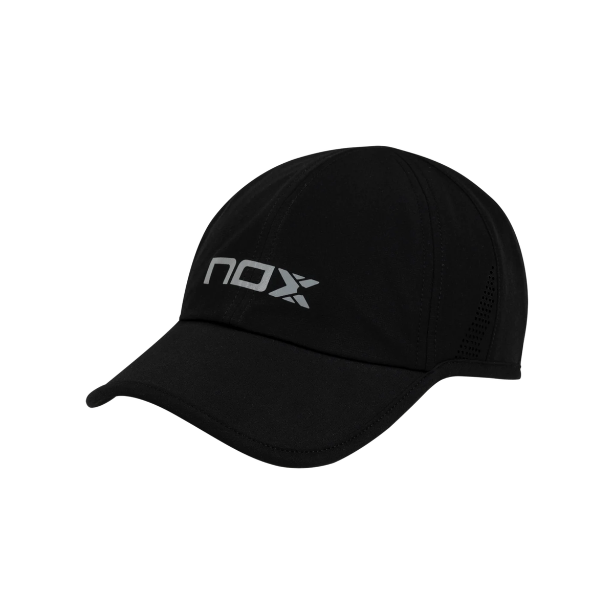 Angled front view of the Nox Black/White Cap, showing the black performance design, grey Nox logo, curved visor and ventilated side panel.