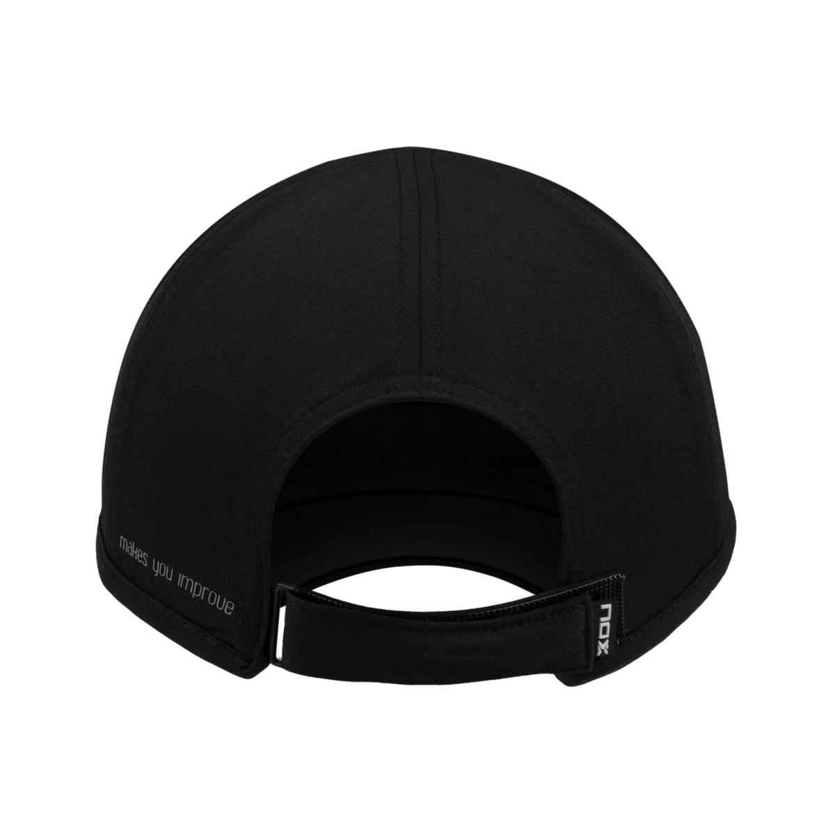 Back view of the Nox Black/White Cap, showing the open rear design, adjustable strap, small Nox branding and subtle “makes you improve” text.