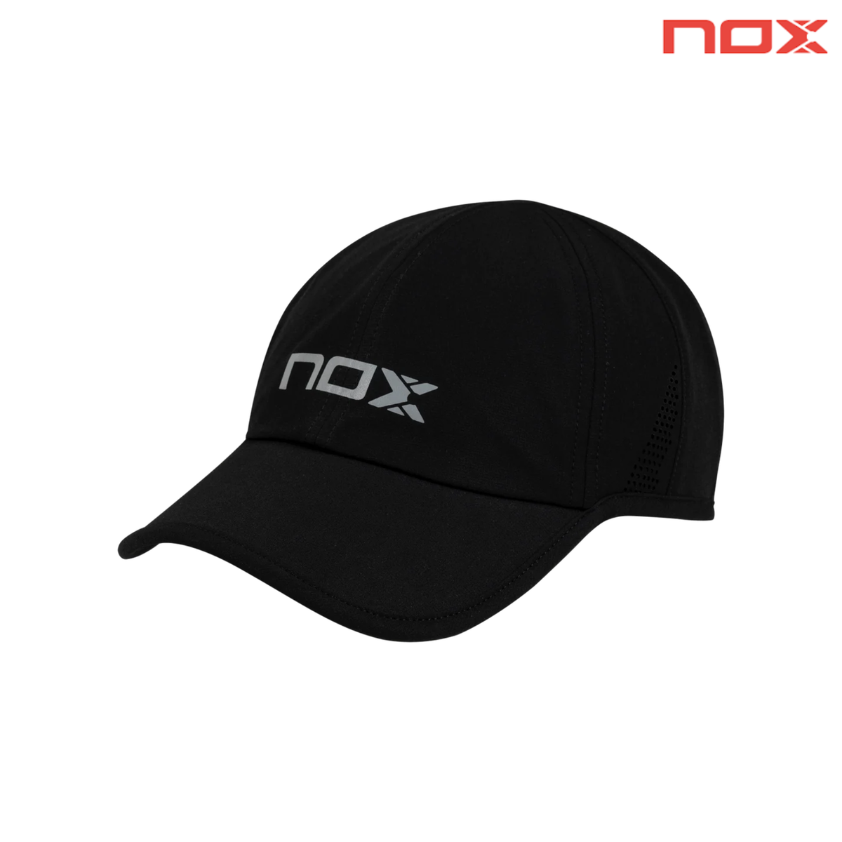 Branded angled view of the Nox Black/White Cap in black, featuring a grey Nox logo on the front, curved visor, side ventilation holes and the Nox brand logo in the top right corner.