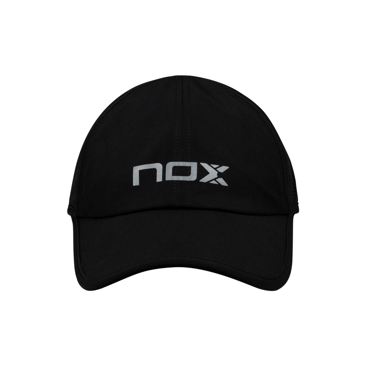 Front view of the Nox Black/White Cap, featuring a black curved visor and large grey Nox logo centered on the front panel.