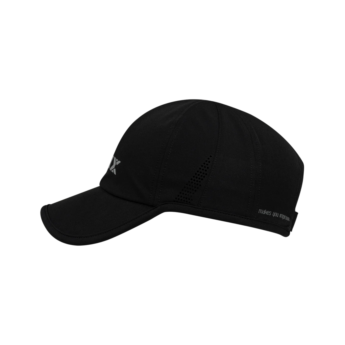 Side profile view of the Nox Black/White Cap, showing the black curved visor, perforated ventilation detail and subtle branding near the rear.