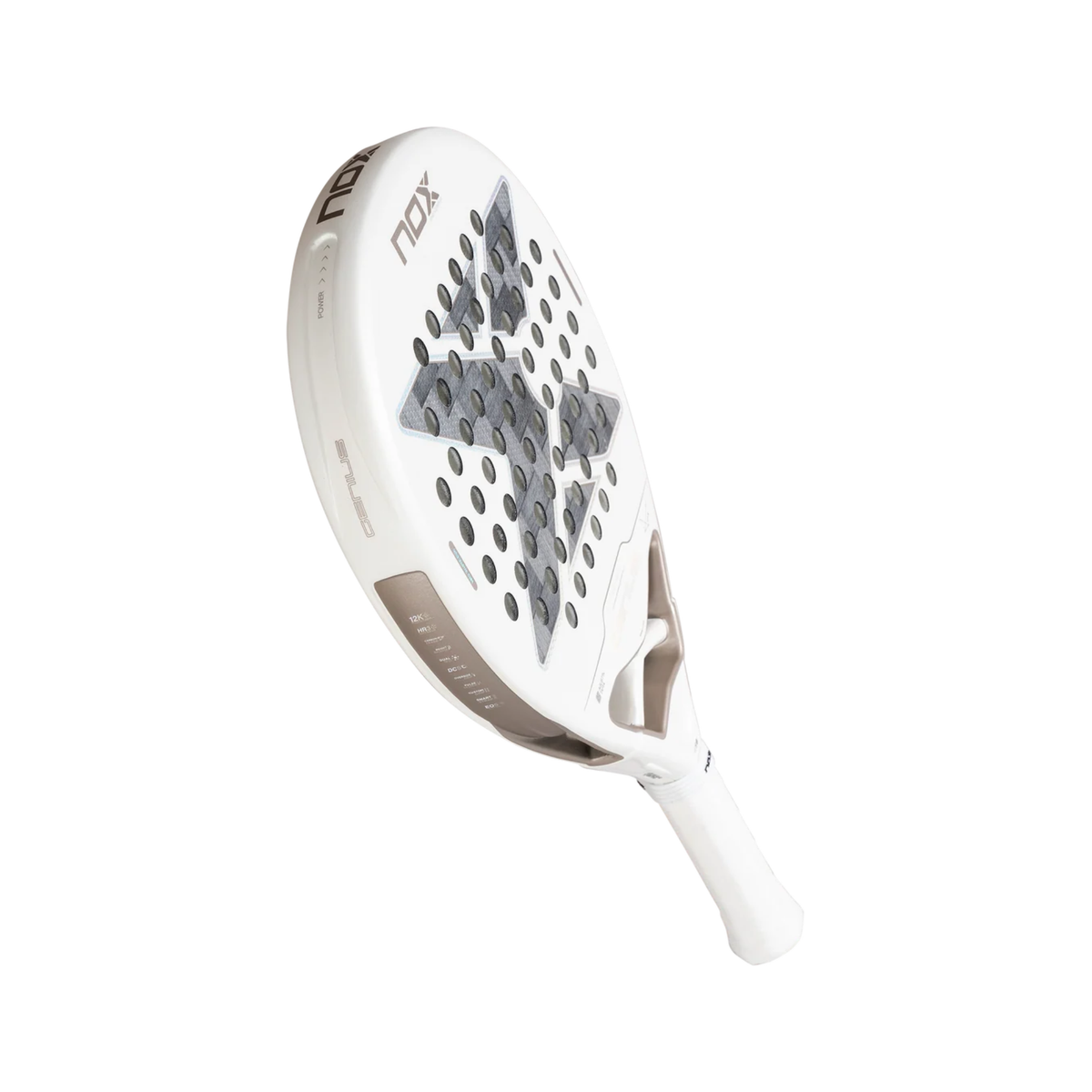 Angled view of the NOX Genius 12K Alum Xtrem Lite Agustín Tapia 2027 padel racket, showing the white frame, grey carbon-style racket face, side profile and white grip.