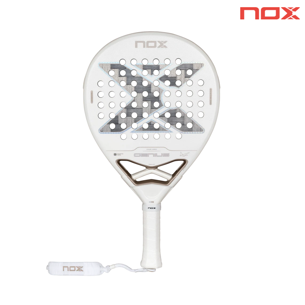 NOX Genius 12K Alum Xtrem Lite Agustín Tapia 2027 padel racket shown from the front on a white background, featuring a white frame, grey carbon-style face design, light metallic bronze details, white handle and wrist strap, with the Nox logo in the top right corner.