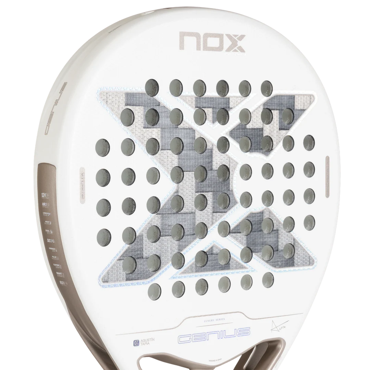 Close-up of the face of the NOX Genius 12K Alum Xtrem Lite Agustín Tapia 2027 padel racket, showing the perforated surface, grey carbon-style X-shaped pattern, white finish and light metallic bronze details.
