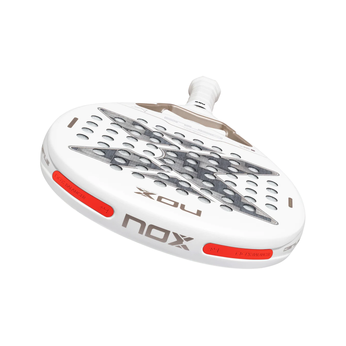 Close-up of the frame edge and racket face of the NOX Genius 12K Alum Xtrem Lite Agustín Tapia 2027, showing the white frame, side branding and grey perforated hitting surface.