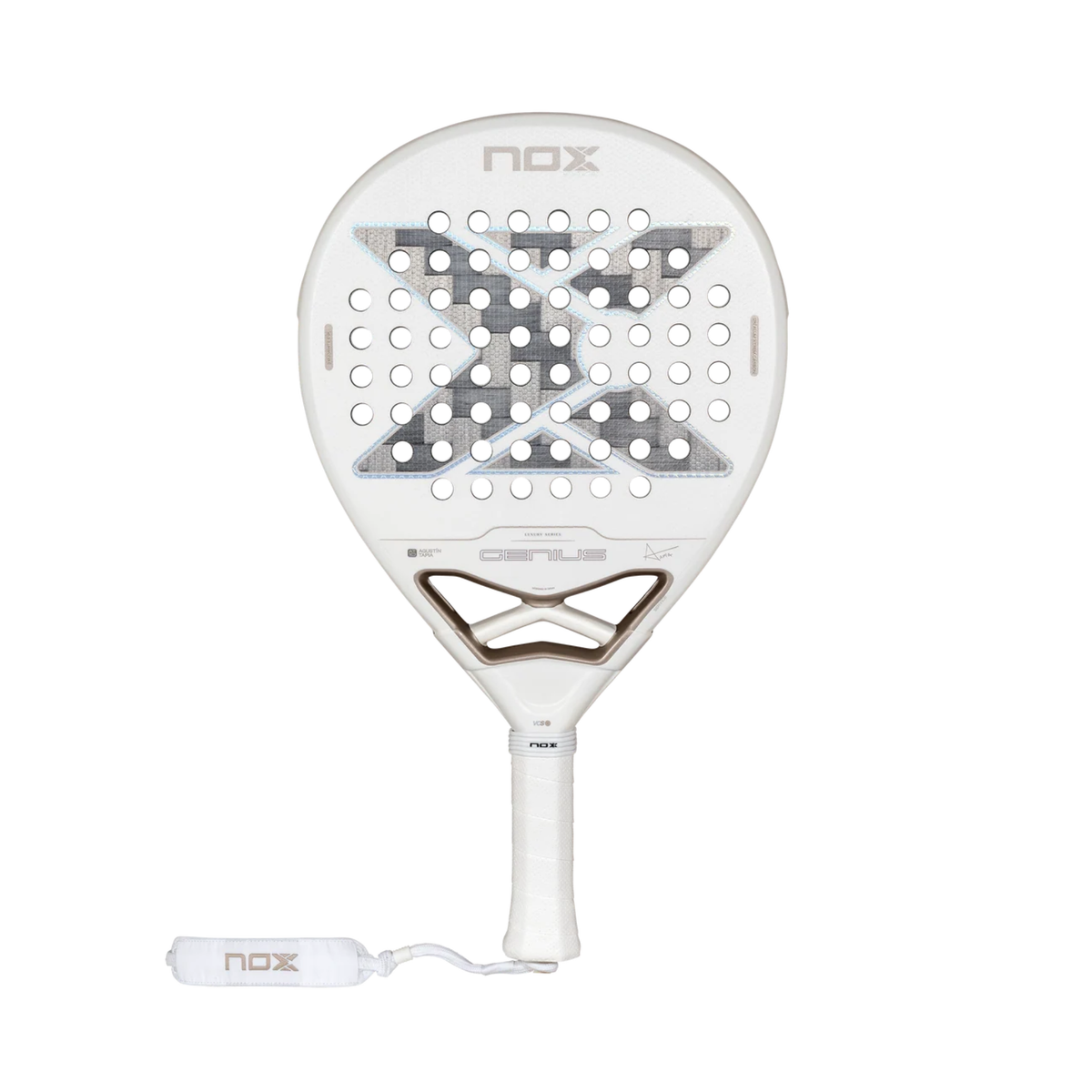 Front view of the NOX Genius 12K Alum Xtrem Lite Agustín Tapia 2027 padel racket on a white background, showing the white frame, grey carbon-style face design, light metallic bronze details, white grip and Nox branded wrist strap.