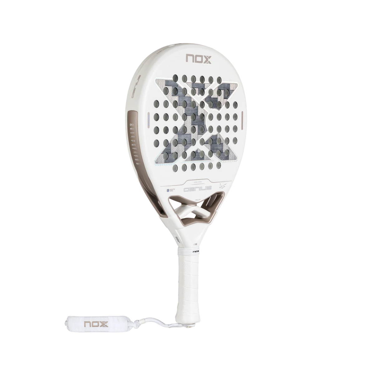 Full view of the NOX Genius 12K Alum Xtrem Lite Agustín Tapia 2027 padel racket, showing the white frame, perforated racket face, grey carbon-style central design and white handle.