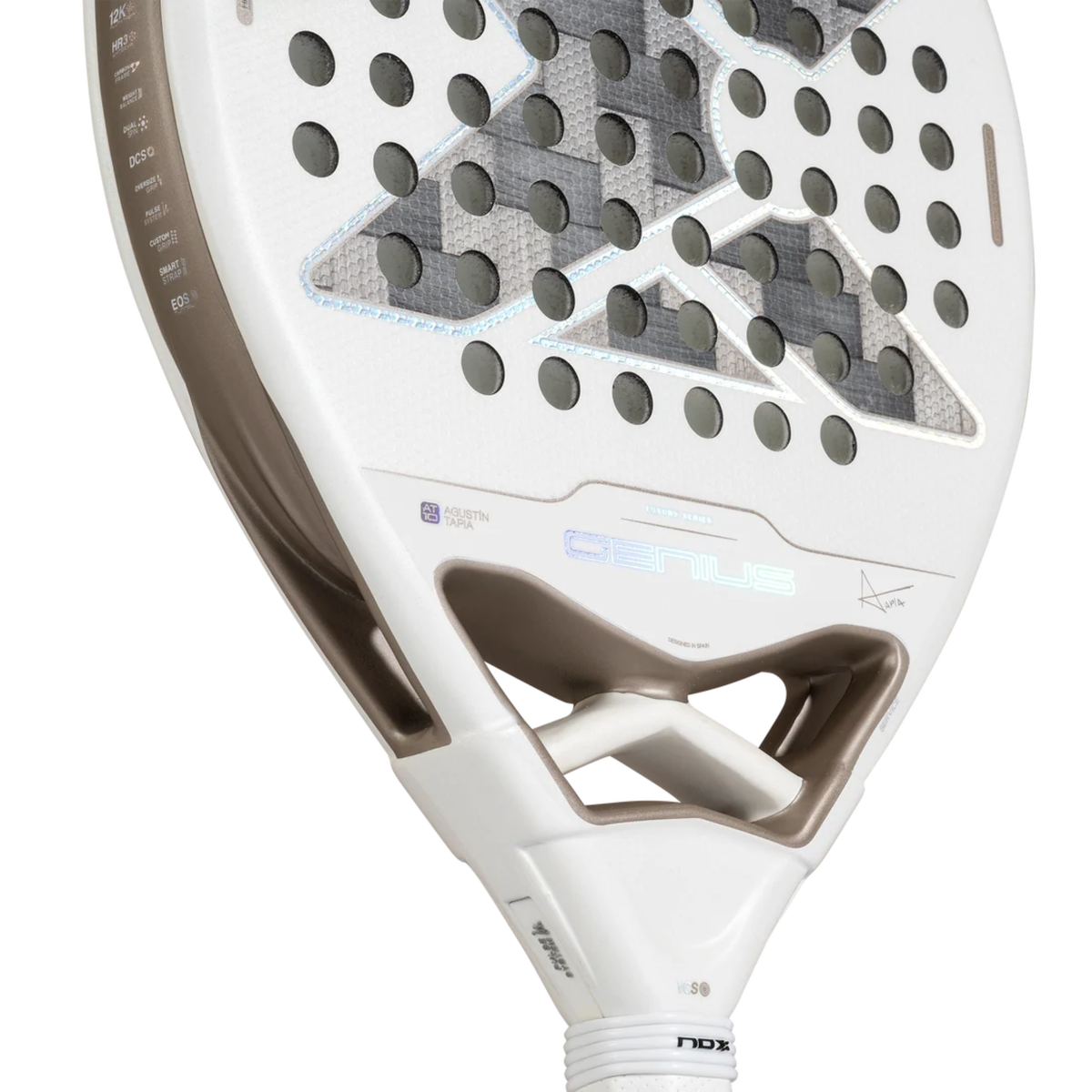Close-up of the lower face of the NOX Genius 12K Alum Xtrem Lite Agustín Tapia 2027, showing the perforated grey carbon-style surface, white frame and lower racket section.