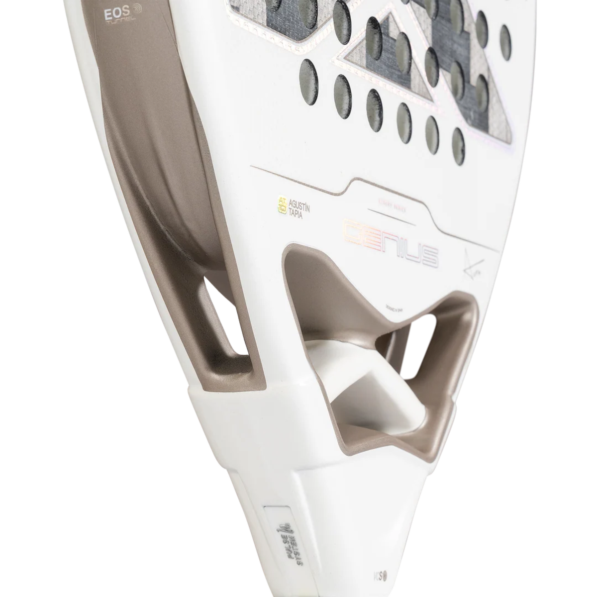 Close-up of the lower frame and throat of the NOX Genius 12K Alum Xtrem Lite Agustín Tapia 2027, showing the white construction, metallic bronze frame details and part of the perforated racket face.