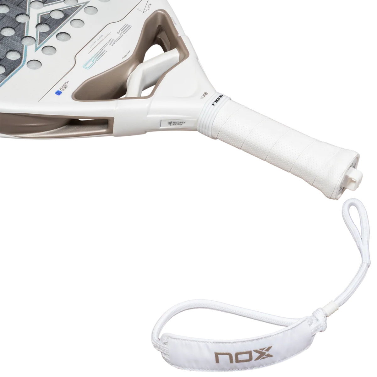 NOX Genius 12K Alum Xtrem Lite Agustín Tapia 2027 padel racket shown at an angle with the white handle and Nox branded wrist strap clearly visible beside the racket.