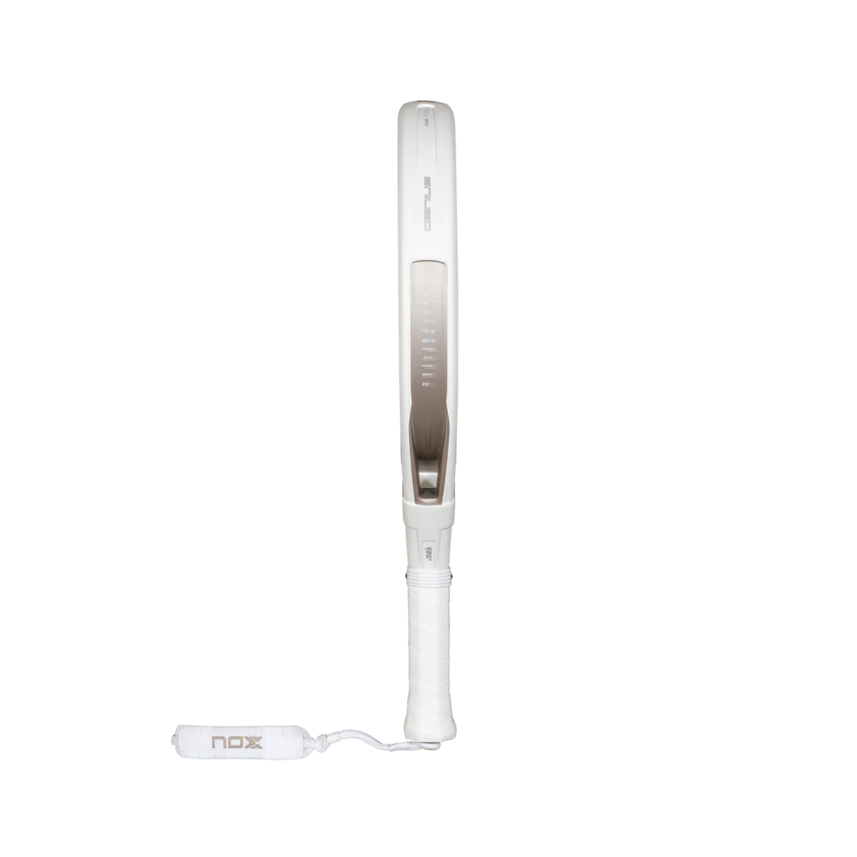 Side profile view of the NOX Genius 12K Alum Xtrem Lite Agustín Tapia 2027 padel racket, showing the racket thickness, white frame, side details and white handle.
