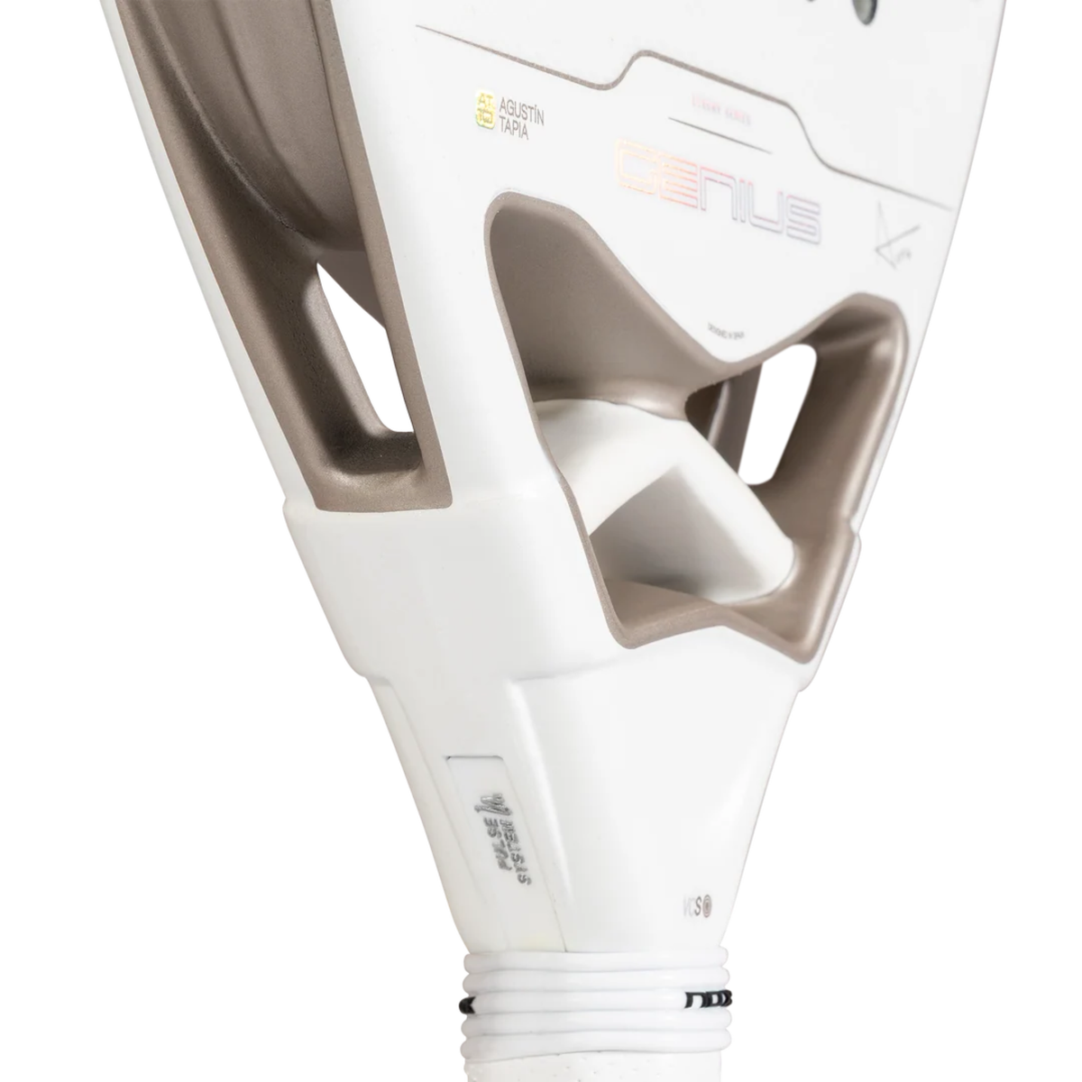 Close-up of the throat area of the NOX Genius 12K Alum Xtrem Lite Agustín Tapia 2027 padel racket, showing the open bridge construction, white frame and light metallic bronze details.