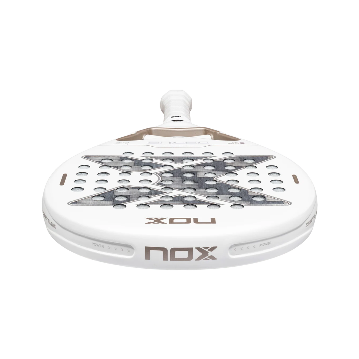 Low-angle view of the top edge of the NOX Genius 12K Alum Xtrem Lite Agustín Tapia 2027 padel racket, showing the white frame, perforated face, grey carbon-style surface and Nox branding along the edge.