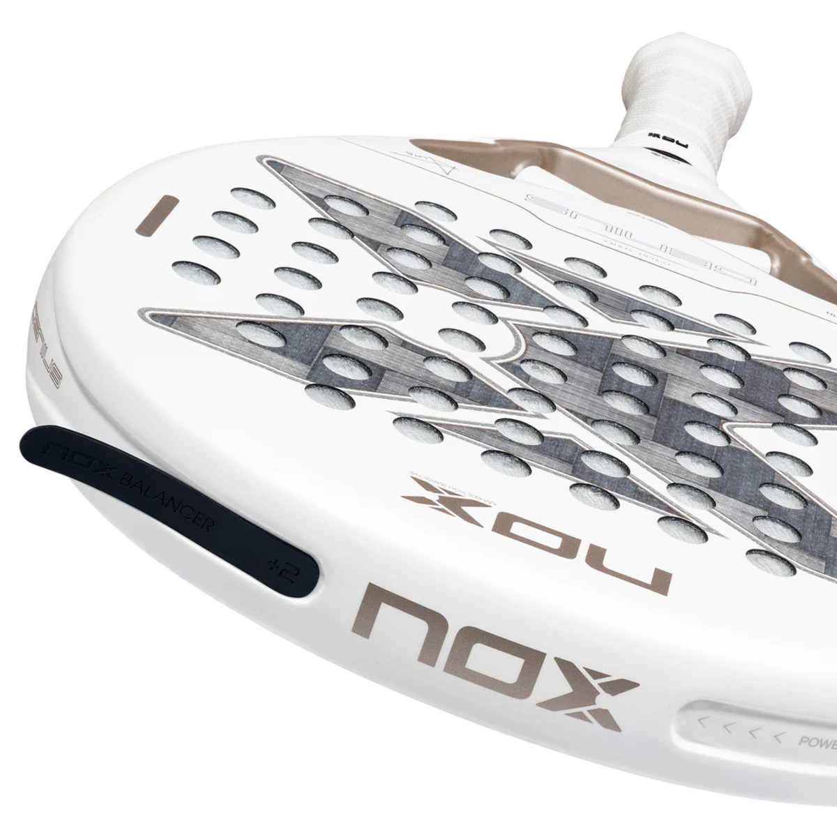 Detailed close-up of the NOX Genius 12K Alum Xtrem Lite Agustín Tapia 2027 padel racket frame, showing the black Nox Balance System weight balancer, white frame, Nox branding and grey carbon-style racket face.