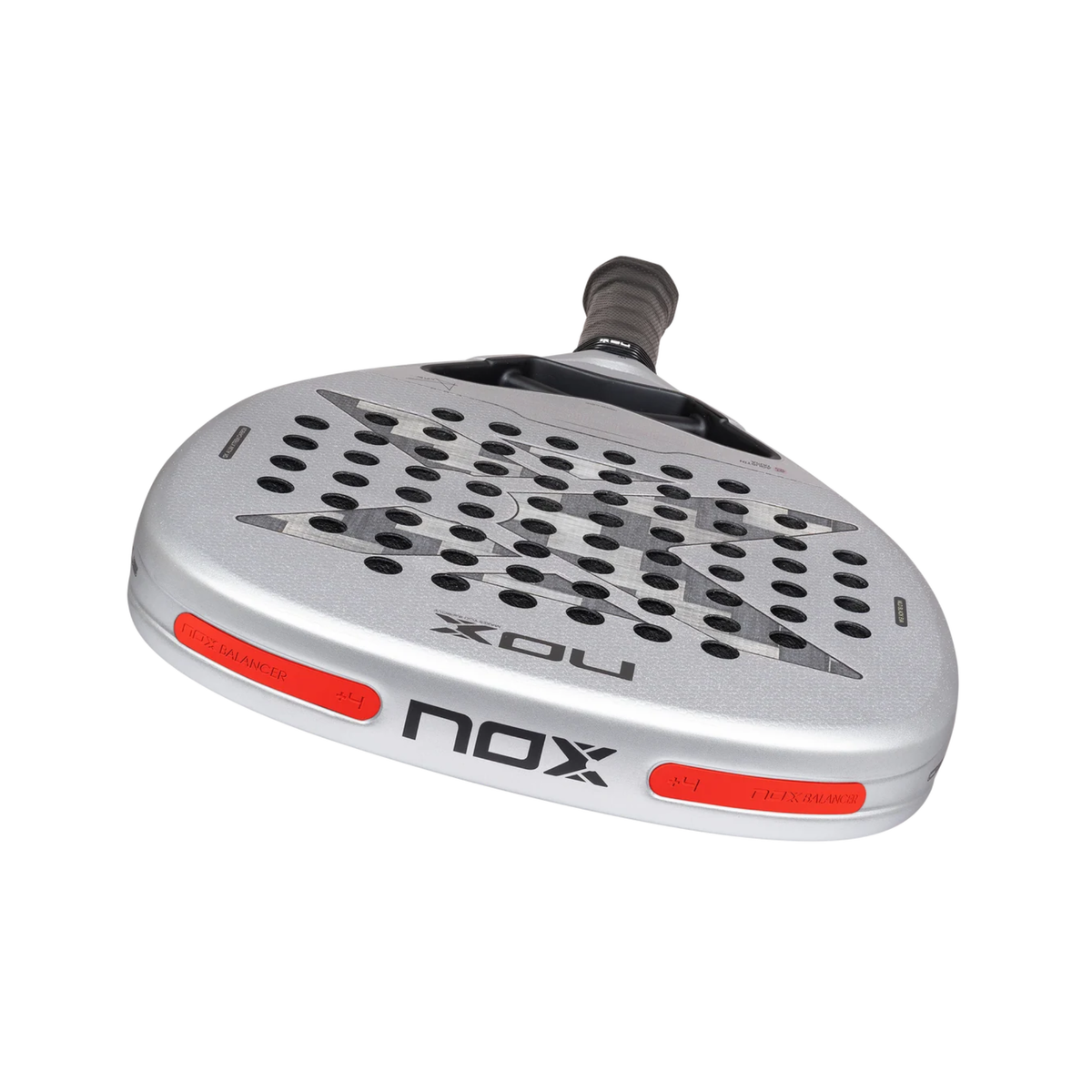 Low-angle top view of the NOX Genius Attack 12K Alum Xtrem Agustín Tapia 2027 padel racket, showing the white and grey perforated face, red edge details, Nox branding and part of the handle.