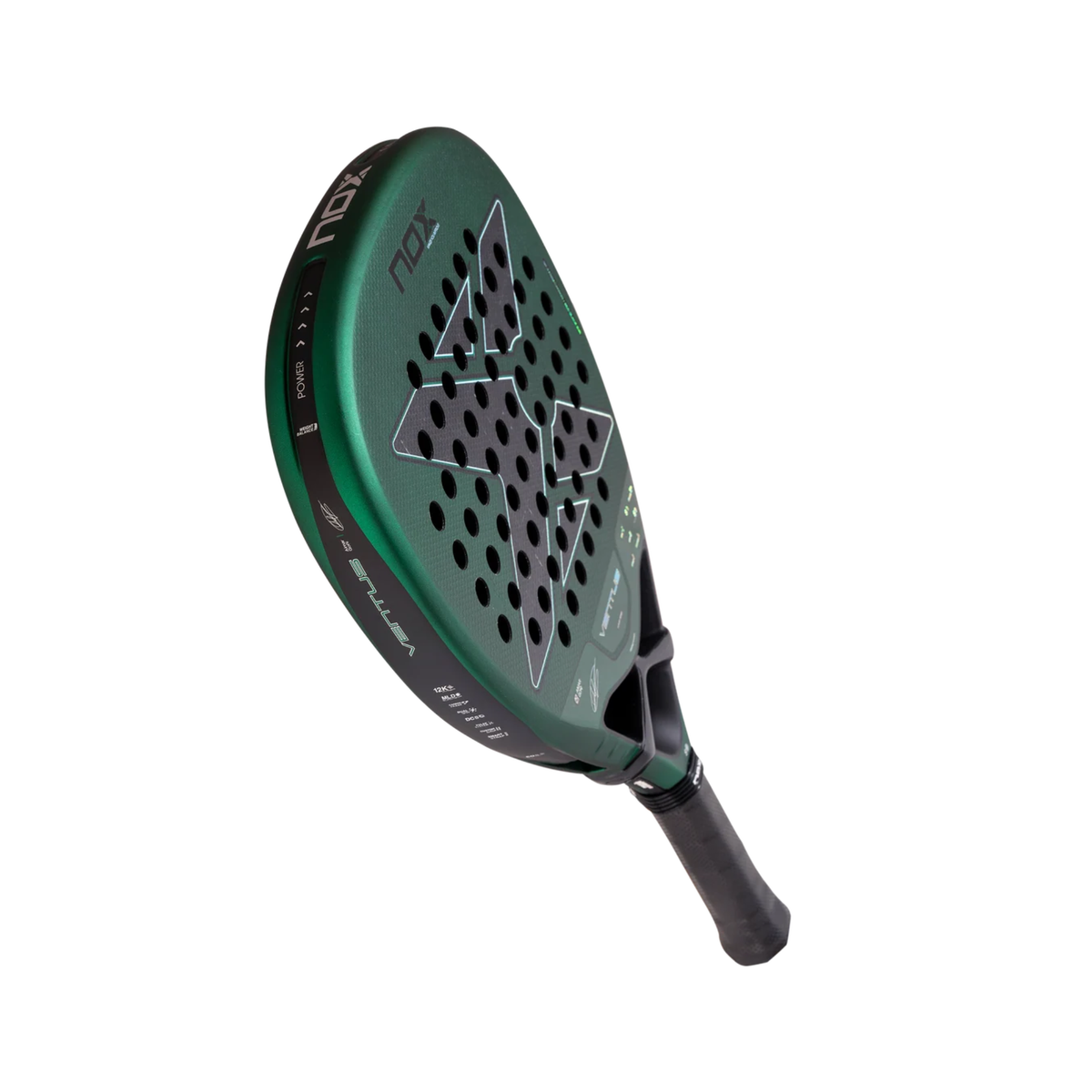nox-ventus-attack-12k-xtrem-aimar-goni-2027-angled-viewAngled view of the NOX Ventus Attack 12K Xtrem Aimar Goñi 2027 padel racket, showing the metallic green frame, grey carbon-style racket face, black bridge and black grip.