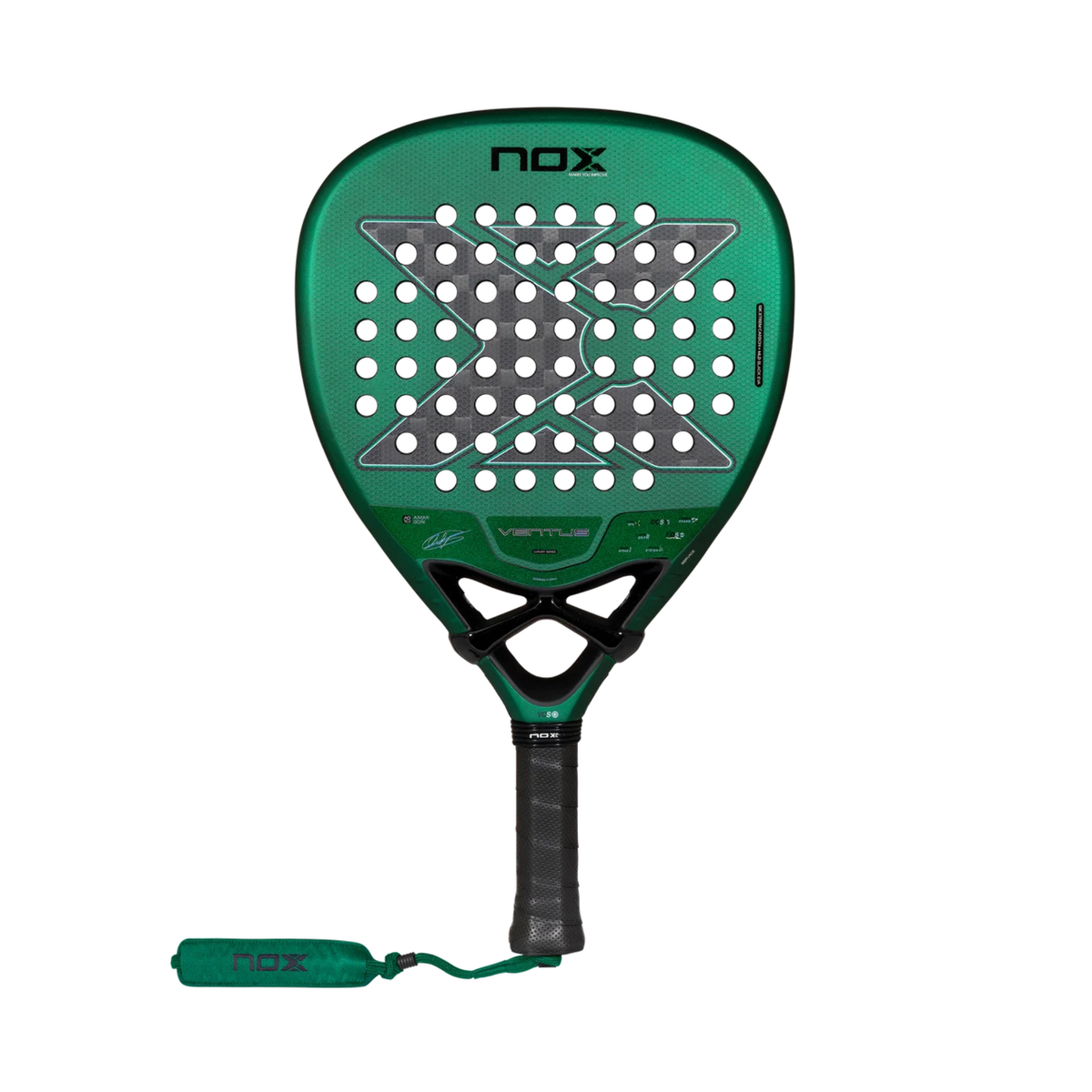 Front view of the NOX Ventus Attack 12K Xtrem Aimar Goñi 2027 padel racket on a white background, showing the metallic green frame, grey carbon-style face design, black bridge, black grip and green Nox branded wrist strap.