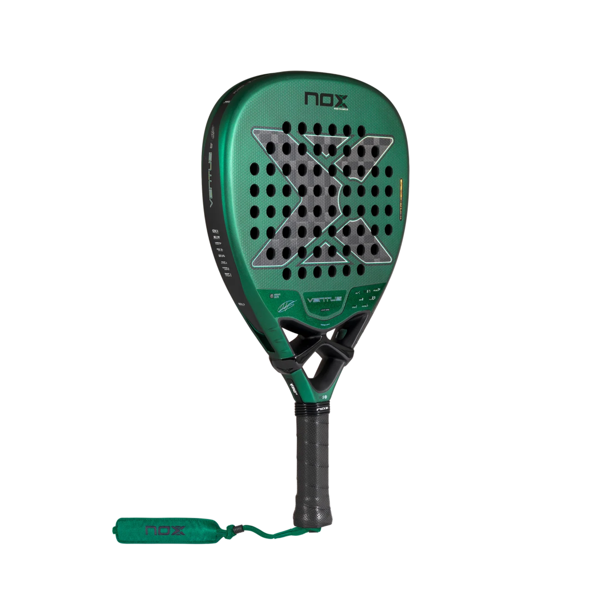 Full view of the NOX Ventus Attack 12K Xtrem Aimar Goñi 2027 padel racket, showing the metallic green frame, perforated racket face, grey carbon-style central design and black handle.