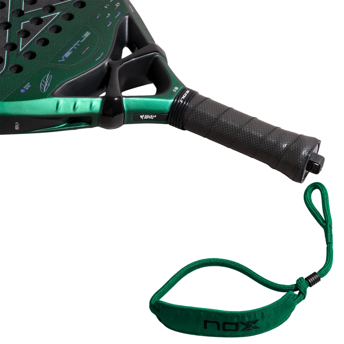 NOX Ventus Attack 12K Xtrem Aimar Goñi 2027 padel racket shown at an angle with the black handle and green Nox branded wrist strap clearly visible beside the racket.