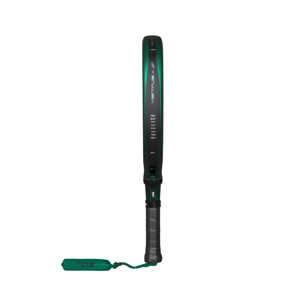 Side profile view of the NOX Ventus Attack 12K Xtrem Aimar Goñi 2027 padel racket, showing the racket thickness, green frame edge, black side profile and black handle.