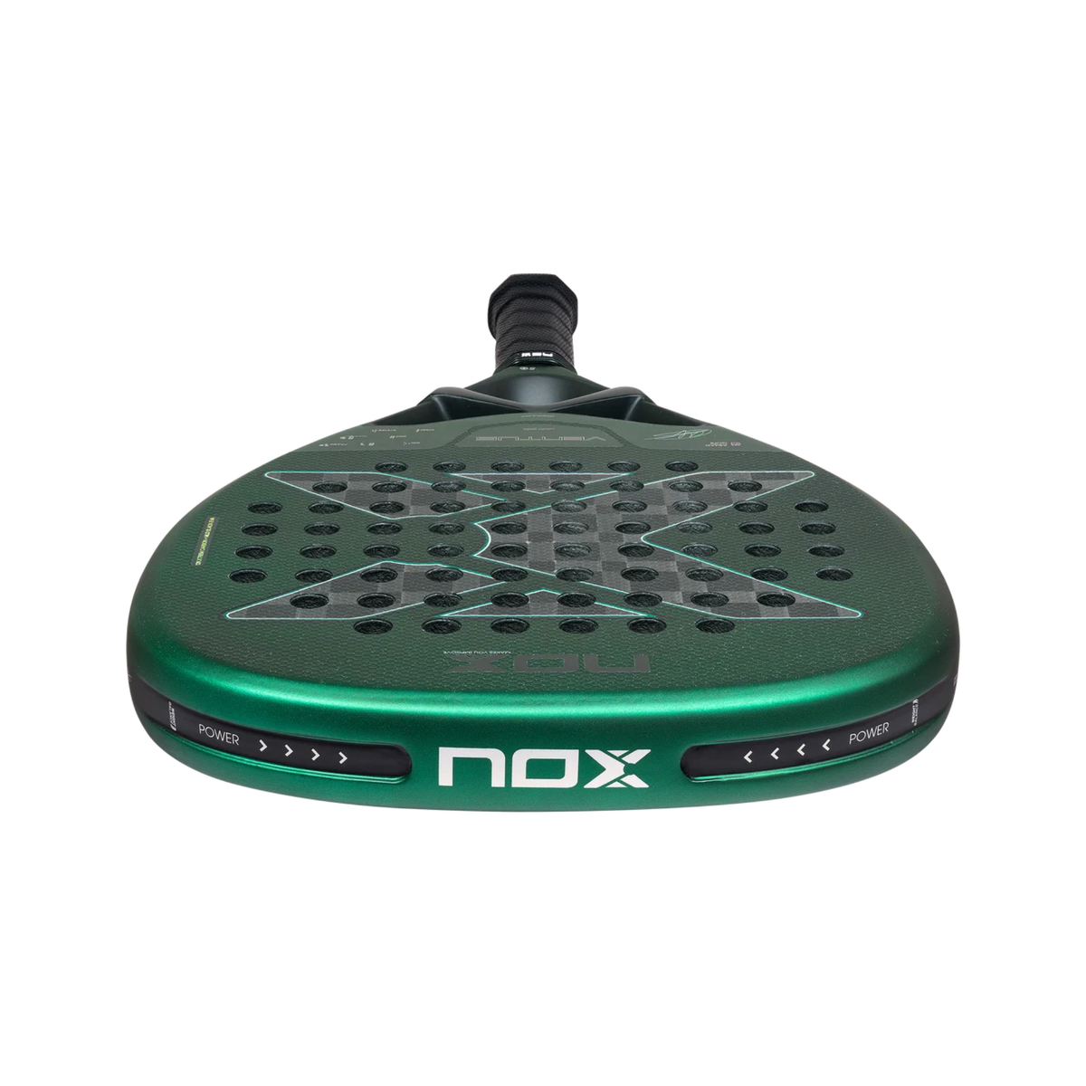 Low-angle view of the top edge of the NOX Ventus Attack 12K Xtrem Aimar Goñi 2027 padel racket, showing the green frame, perforated face, grey carbon-style surface and Nox branding along the edge.
