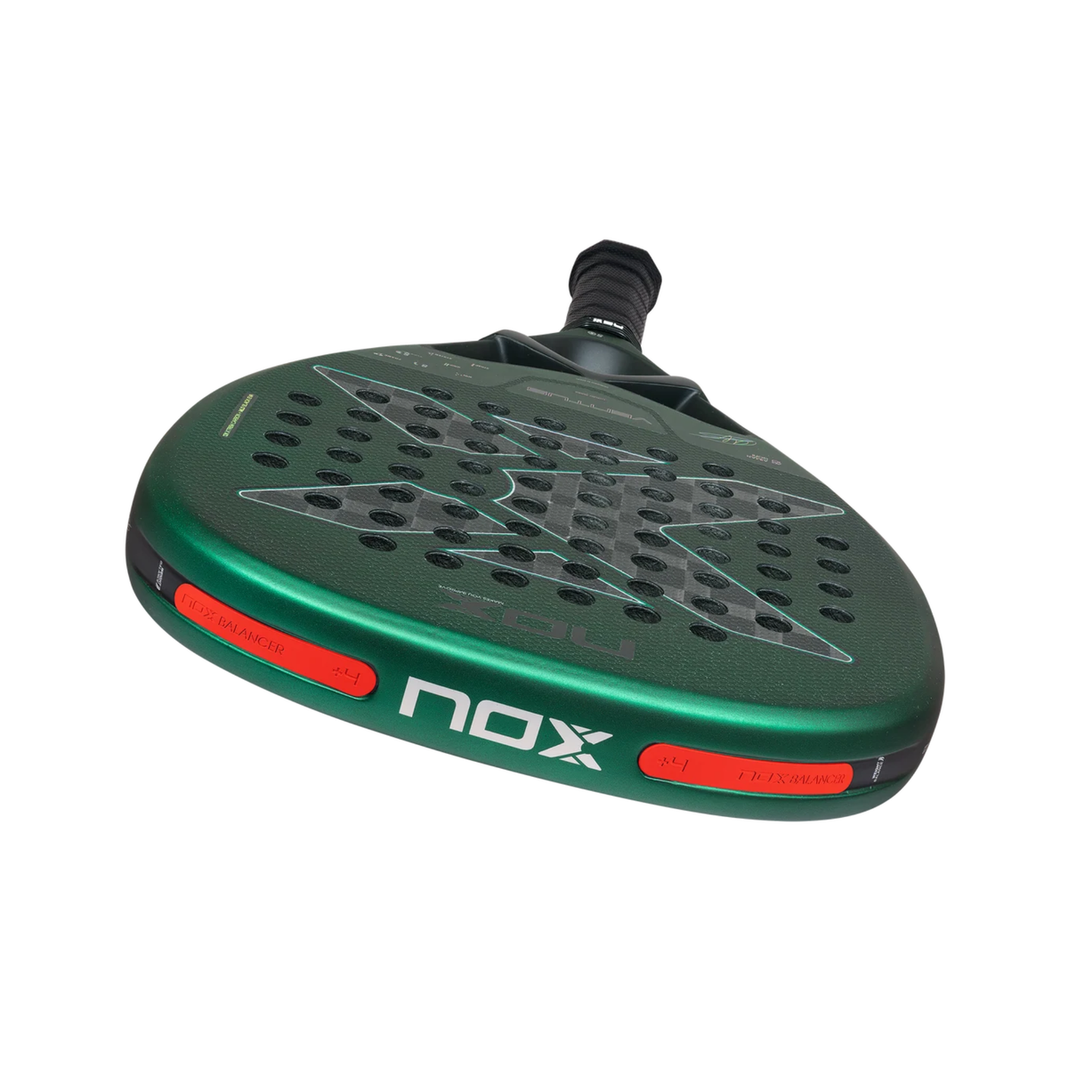 Close-up of the top profile of the NOX Ventus Attack 12K Xtrem Aimar Goñi 2027 padel racket, showing the green frame edge, perforated face and Nox branding on the side.