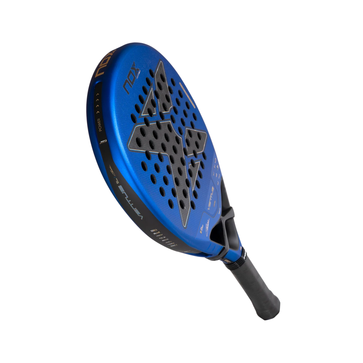 Angled view of the NOX Ventus Hybrid 12K Xtrem Edu Alonso 2027 padel racket, showing the metallic blue frame, grey carbon-style racket face, black bridge and black grip.