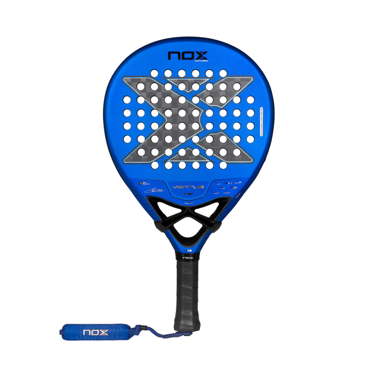 Front view of the NOX Ventus Hybrid 12K Xtrem Edu Alonso 2027 padel racket on a white background, showing the metallic blue frame, grey carbon-style face design, black bridge, black grip and blue Nox branded wrist strap.