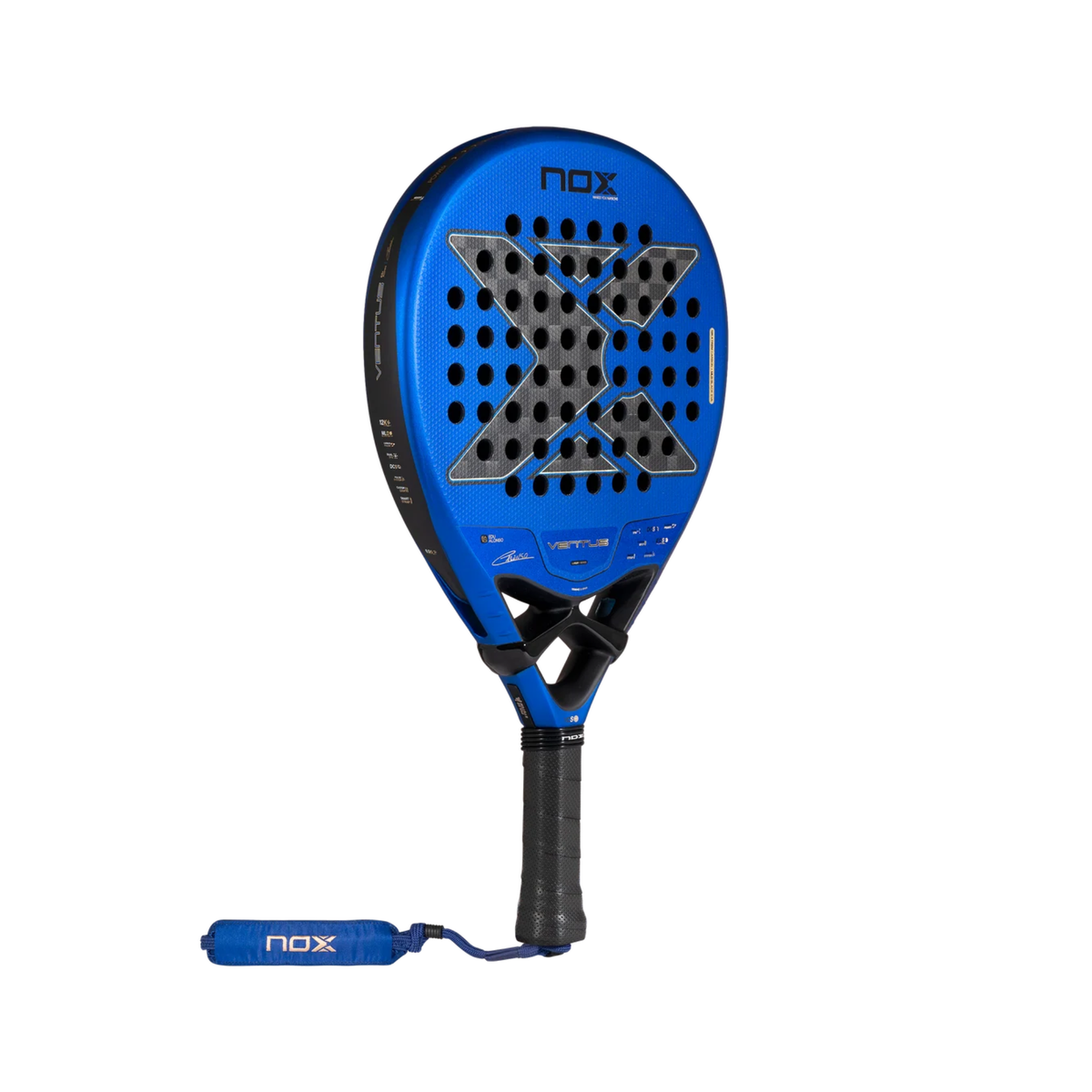 Full view of the NOX Ventus Hybrid 12K Xtrem Edu Alonso 2027 padel racket, showing the metallic blue frame, perforated racket face, grey carbon-style central design and black handle.
