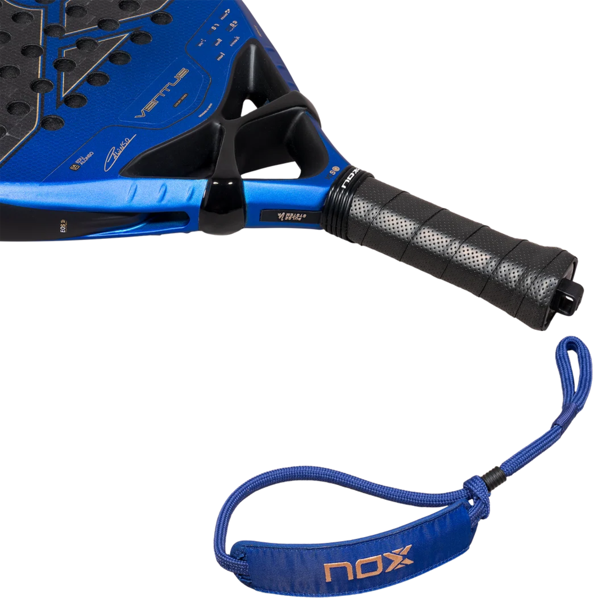 NOX Ventus Hybrid 12K Xtrem Edu Alonso 2027 padel racket shown at an angle with the black handle and blue Nox branded wrist strap clearly visible beside the racket.