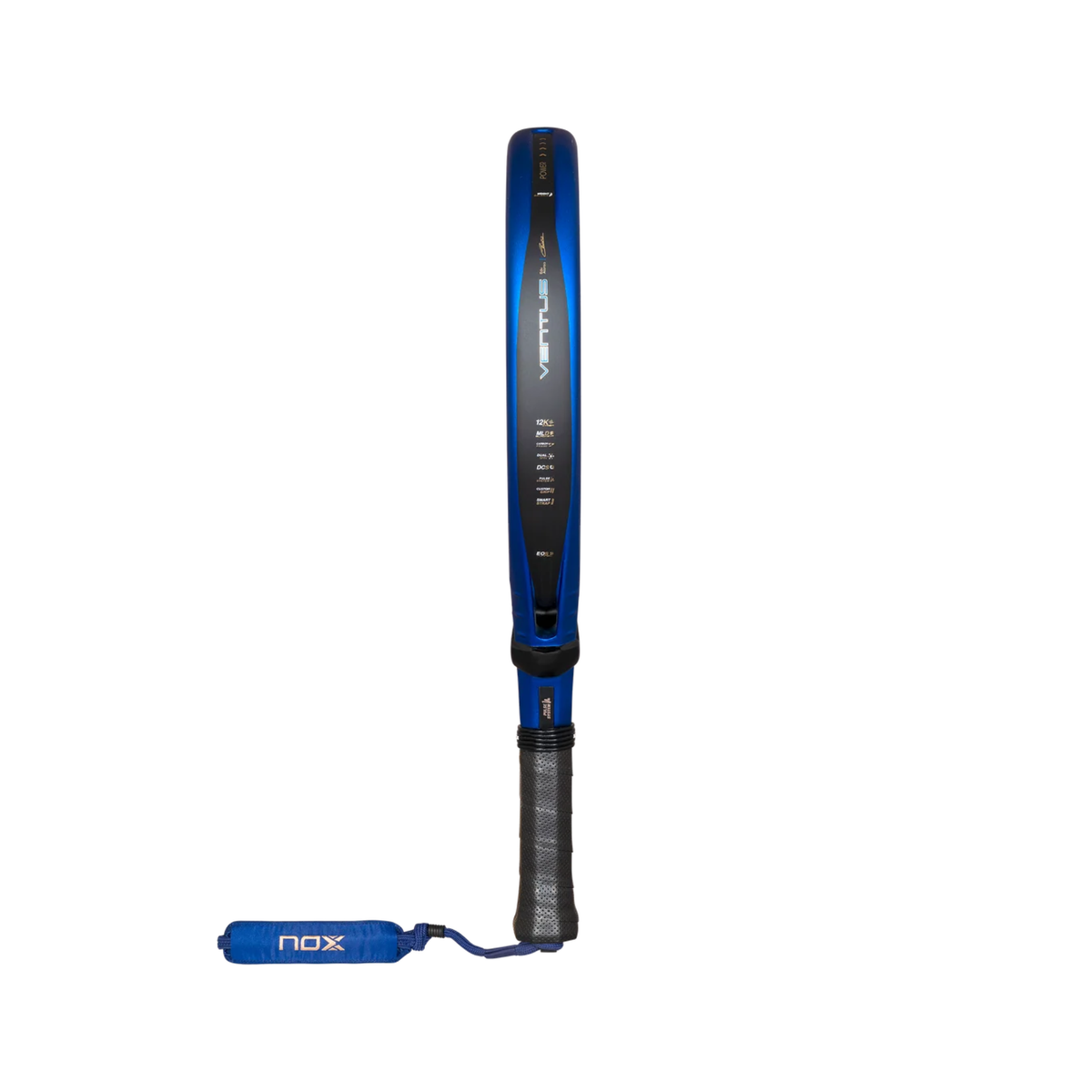 Side profile view of the NOX Ventus Hybrid 12K Xtrem Edu Alonso 2027 padel racket, showing the racket thickness, blue frame edge, black side profile and black handle.